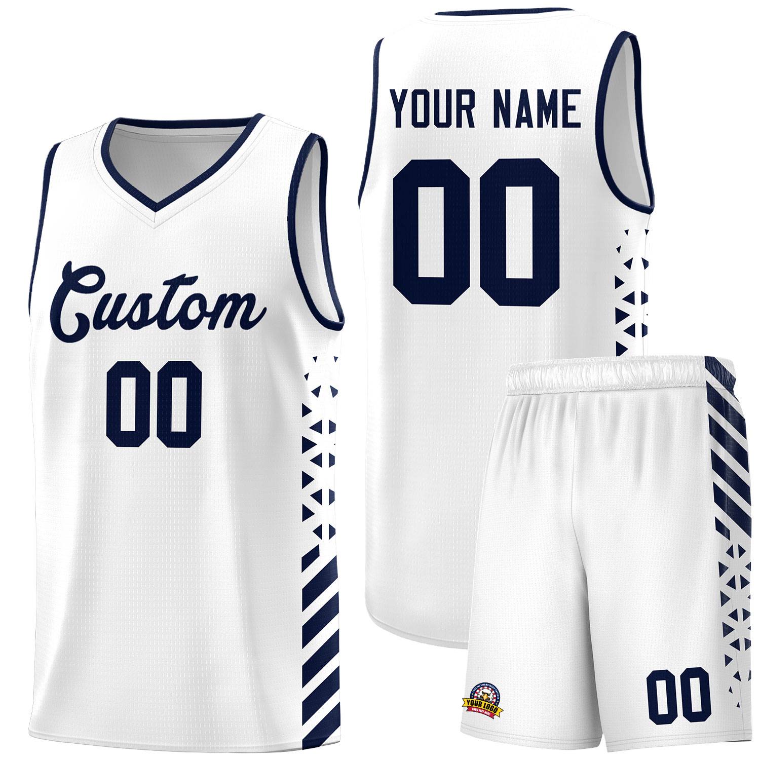 Custom White Basketball Kits With Side Navy Diamond Stripe Pattern