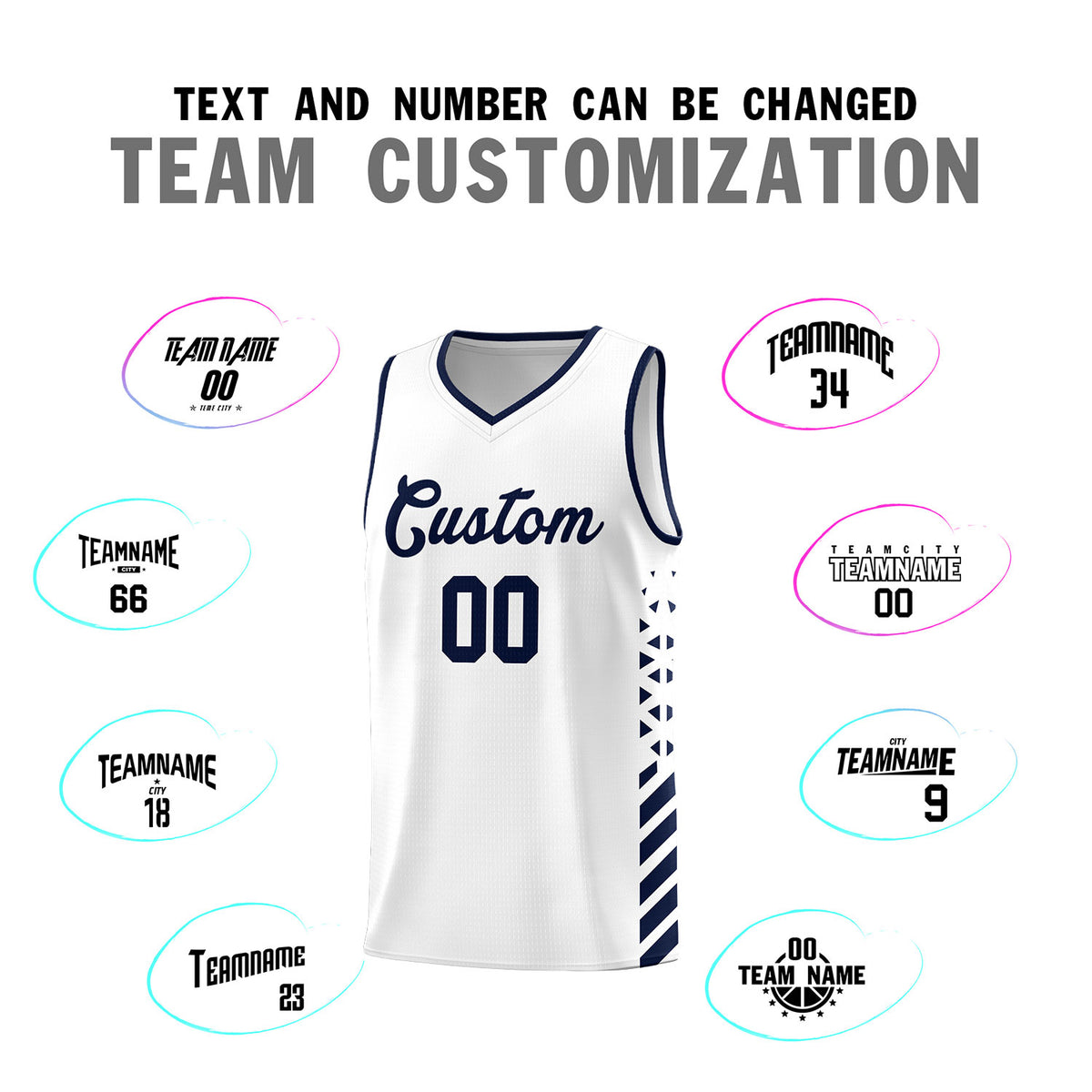 Custom White Basketball Kits With Side Navy Diamond Stripe Pattern