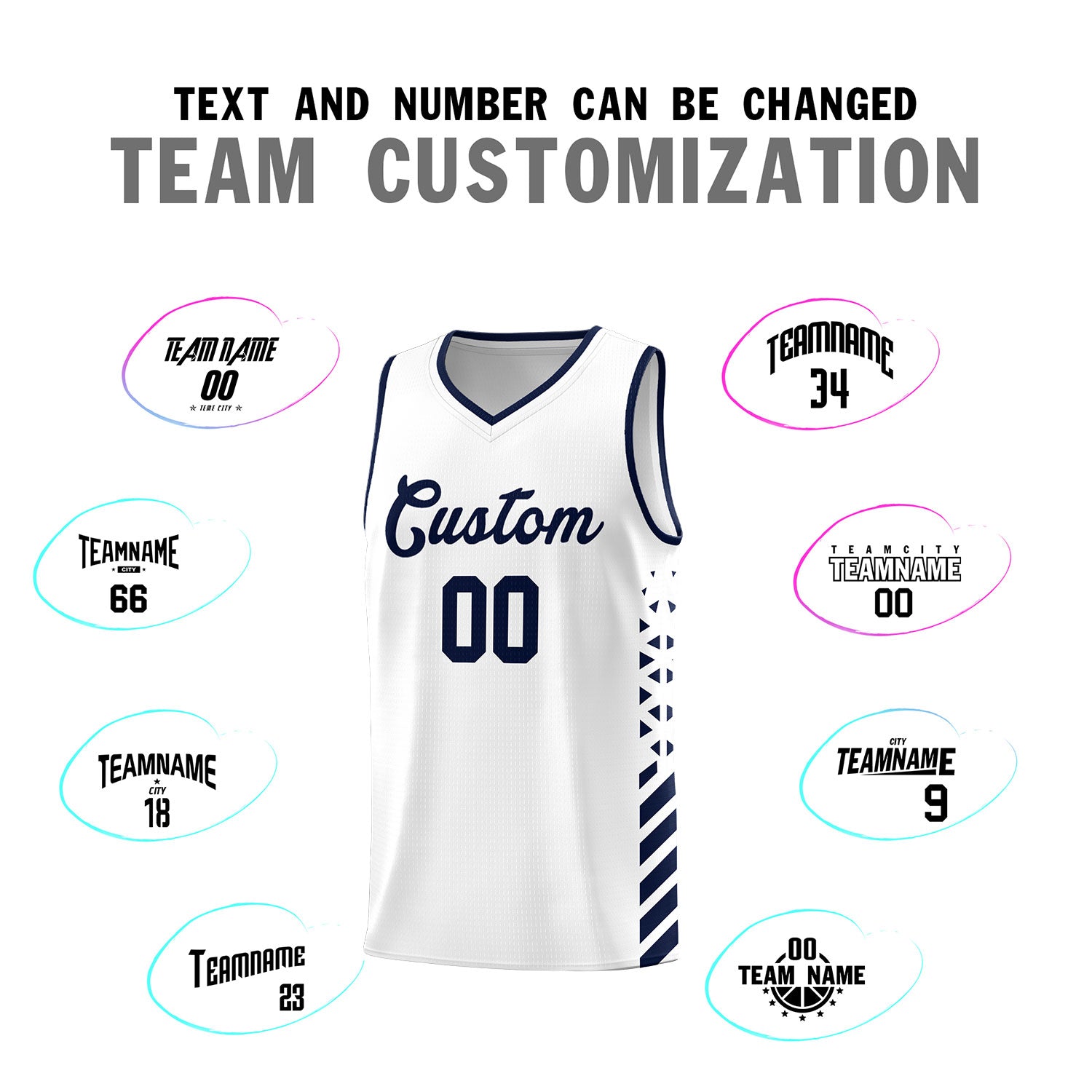 Custom White Basketball Kits With Side Navy Diamond Stripe Pattern