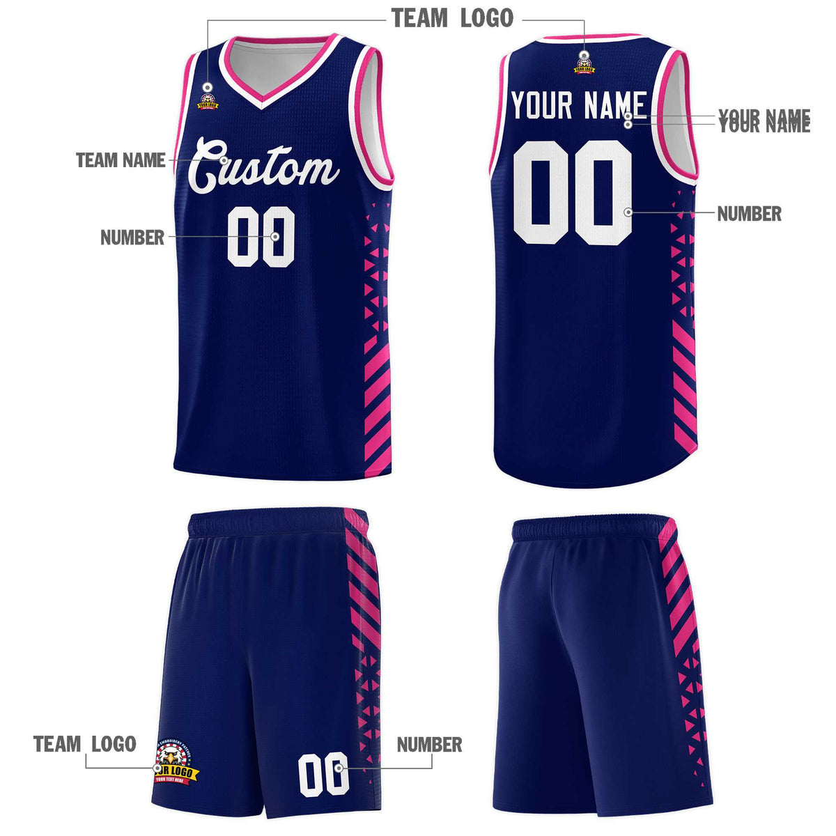 Custom Navy Basketball Kits With Side Rose Red Diamond Stripe Pattern