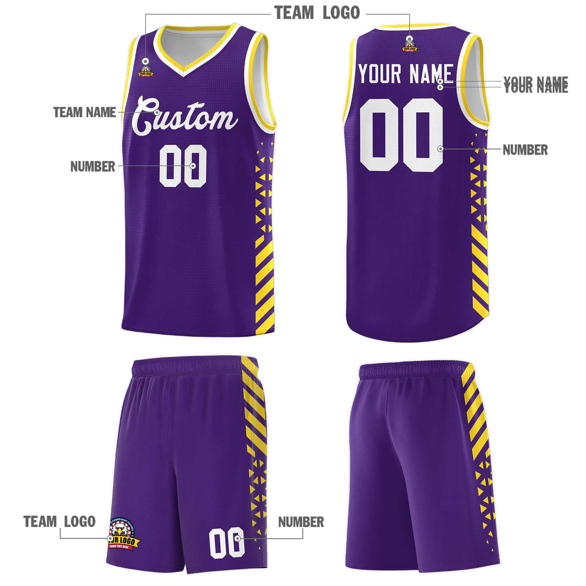 Custom Purple Basketball Kits With Side Gold Diamond Stripe Pattern