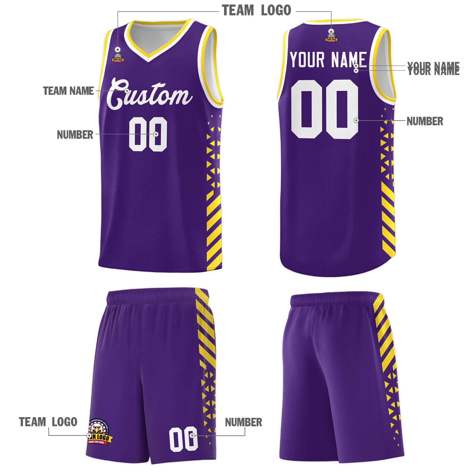 Custom Purple Basketball Kits With Side Gold Diamond Stripe Pattern