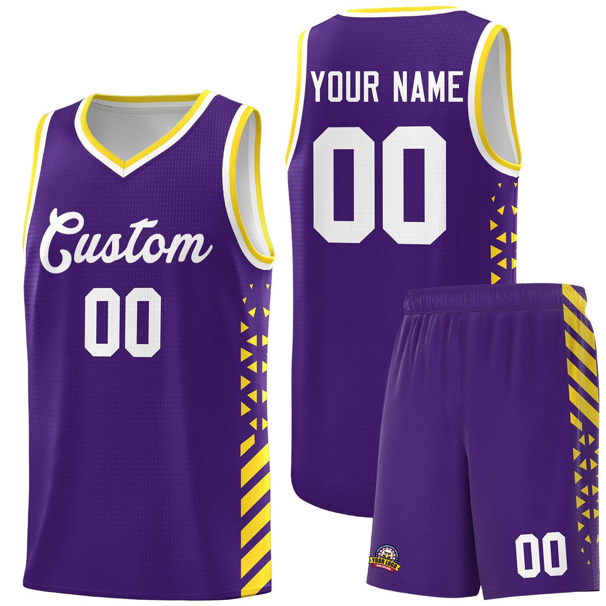 Custom Purple Basketball Kits With Side Gold Diamond Stripe Pattern