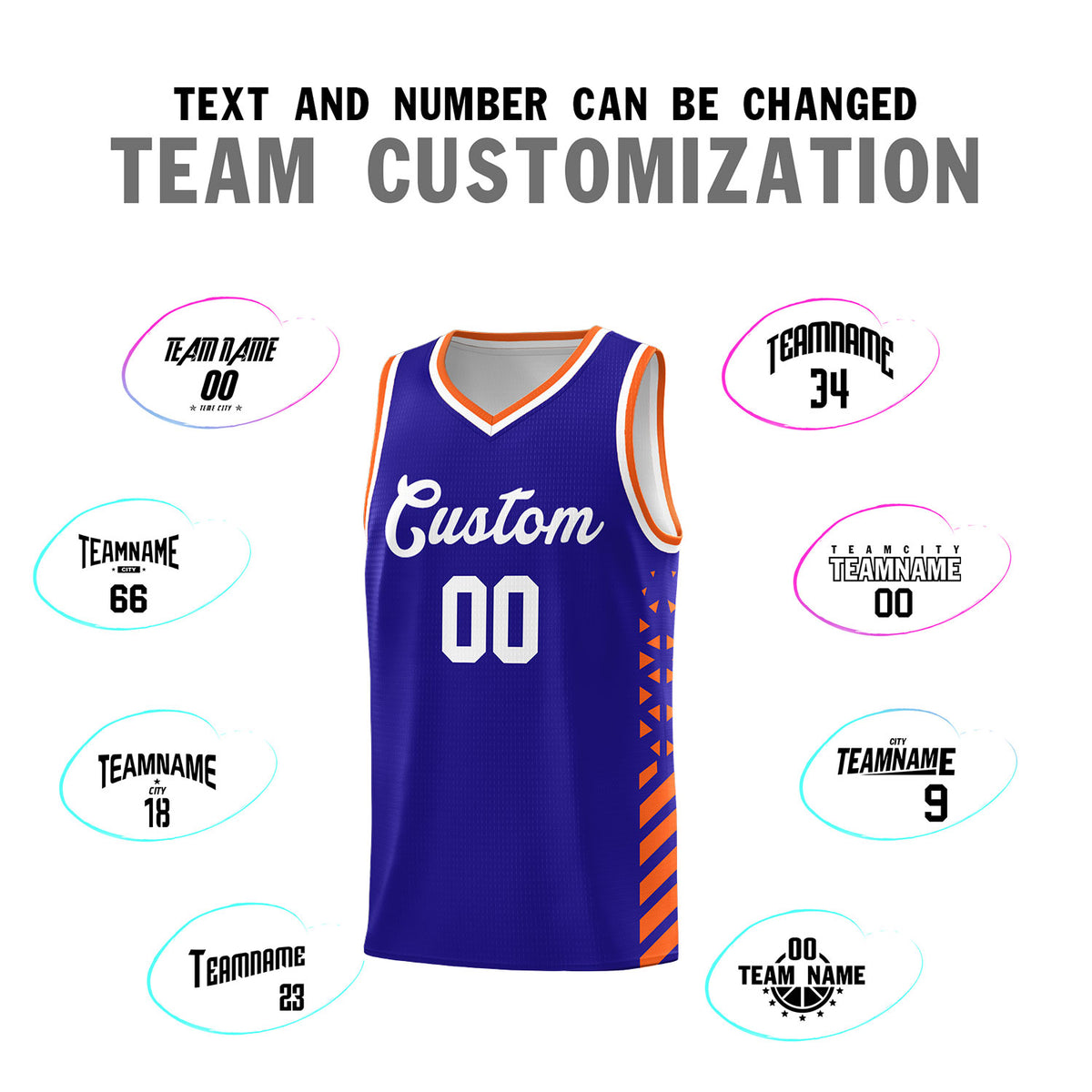 Custom Royal Basketball Kits With Side Orange Diamond Stripe Pattern