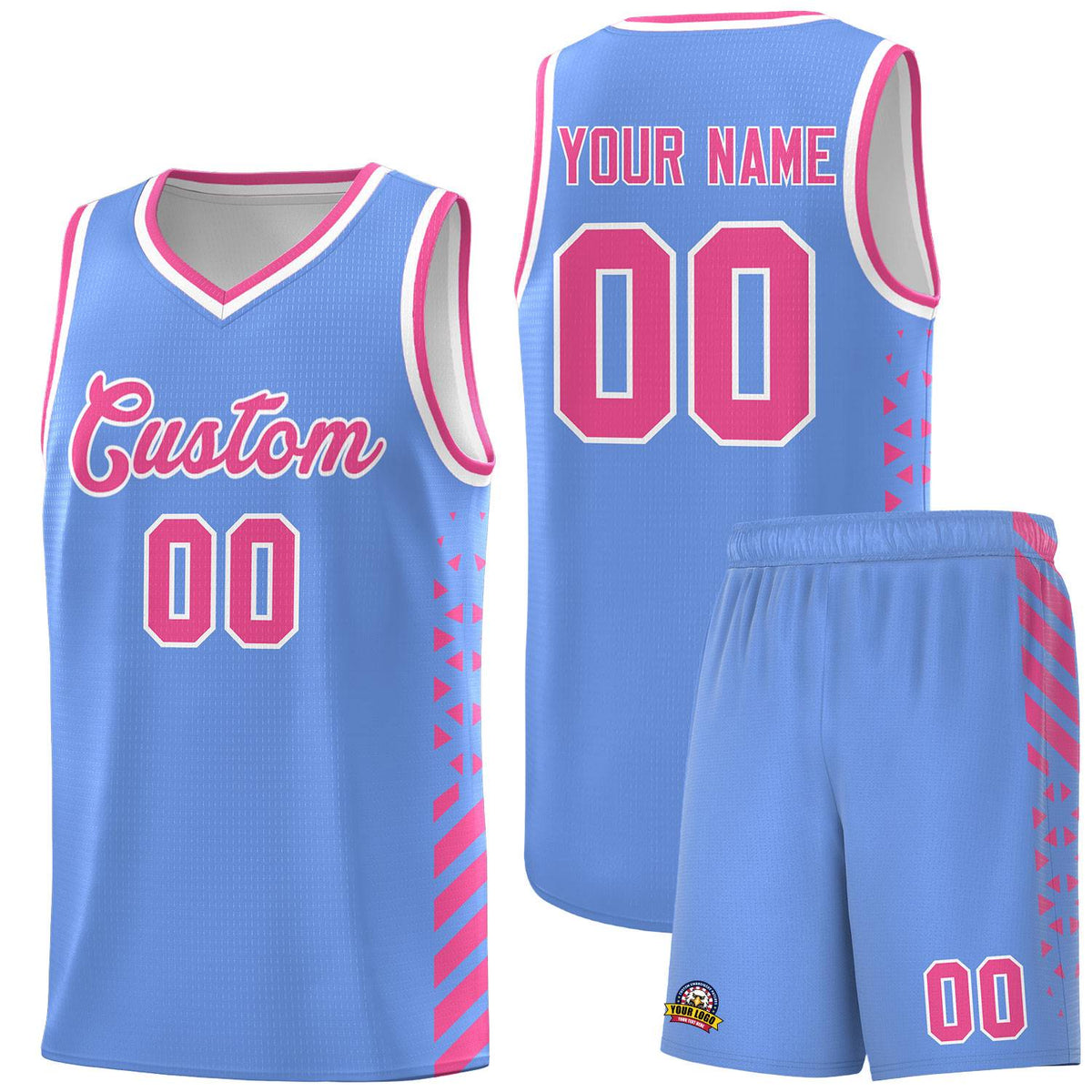 Custom Light Blue Basketball Kits With Side Pink Diamond Stripe Pattern