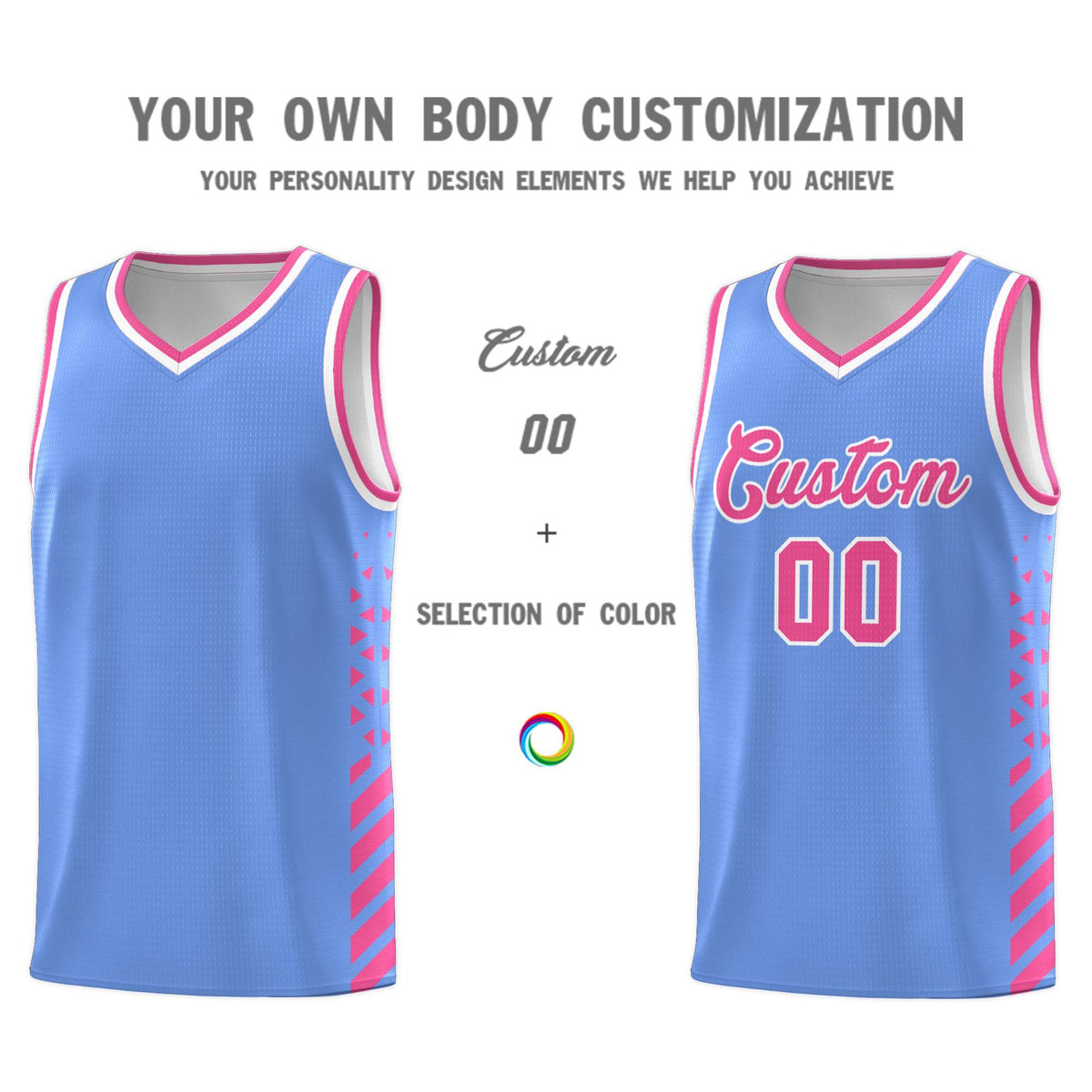 Custom Light Blue Basketball Kits With Side Pink Diamond Stripe Pattern