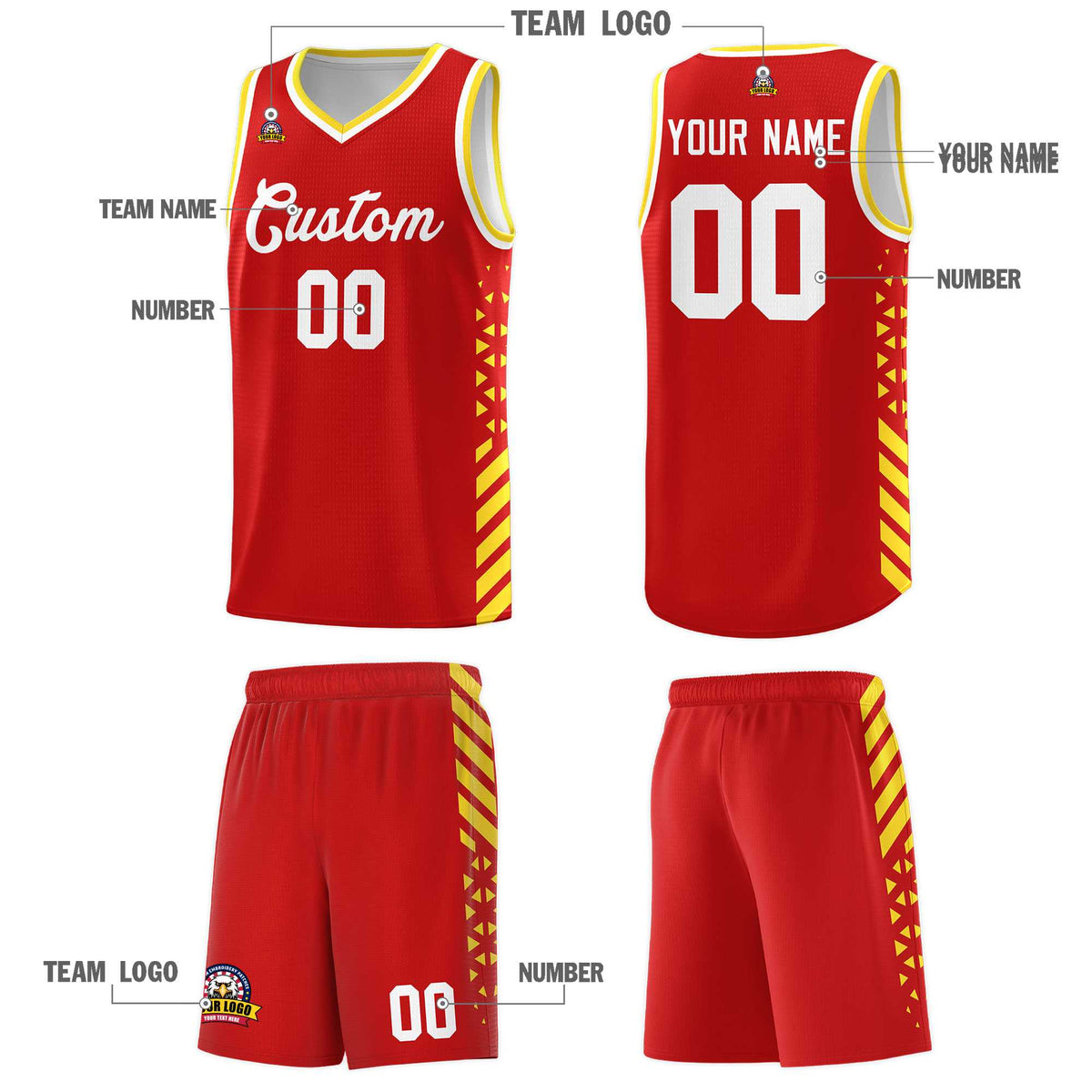 Custom Red Basketball Kits With Side Gold Diamond Stripe Pattern