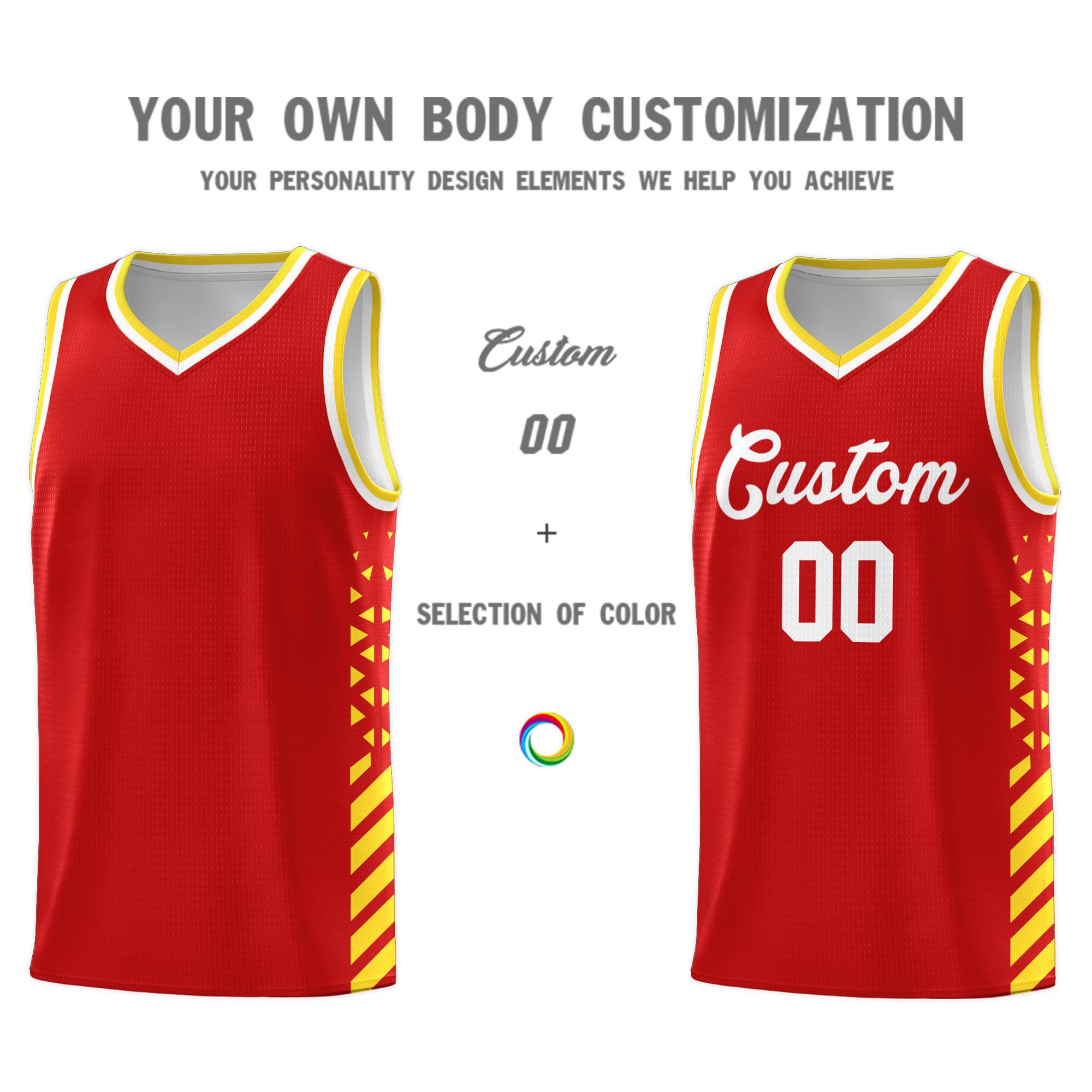 Custom Red Basketball Kits With Side Gold Diamond Stripe Pattern