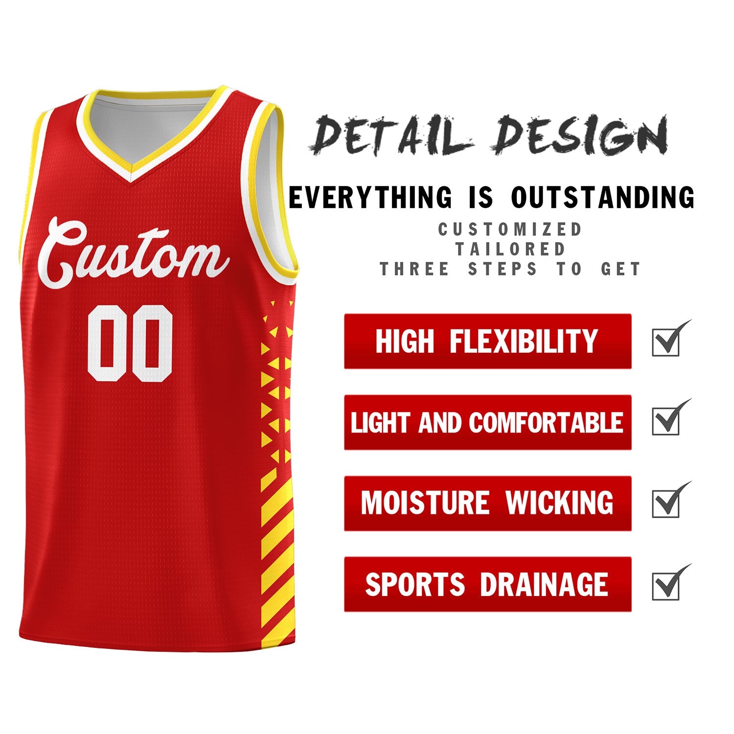 Custom Red Basketball Kits With Side Gold Diamond Stripe Pattern