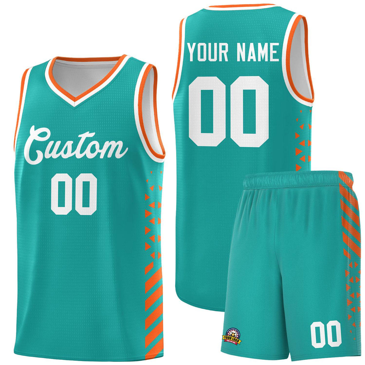 Custom Aqua Basketball Kits With Side Orange Diamond Stripe Pattern
