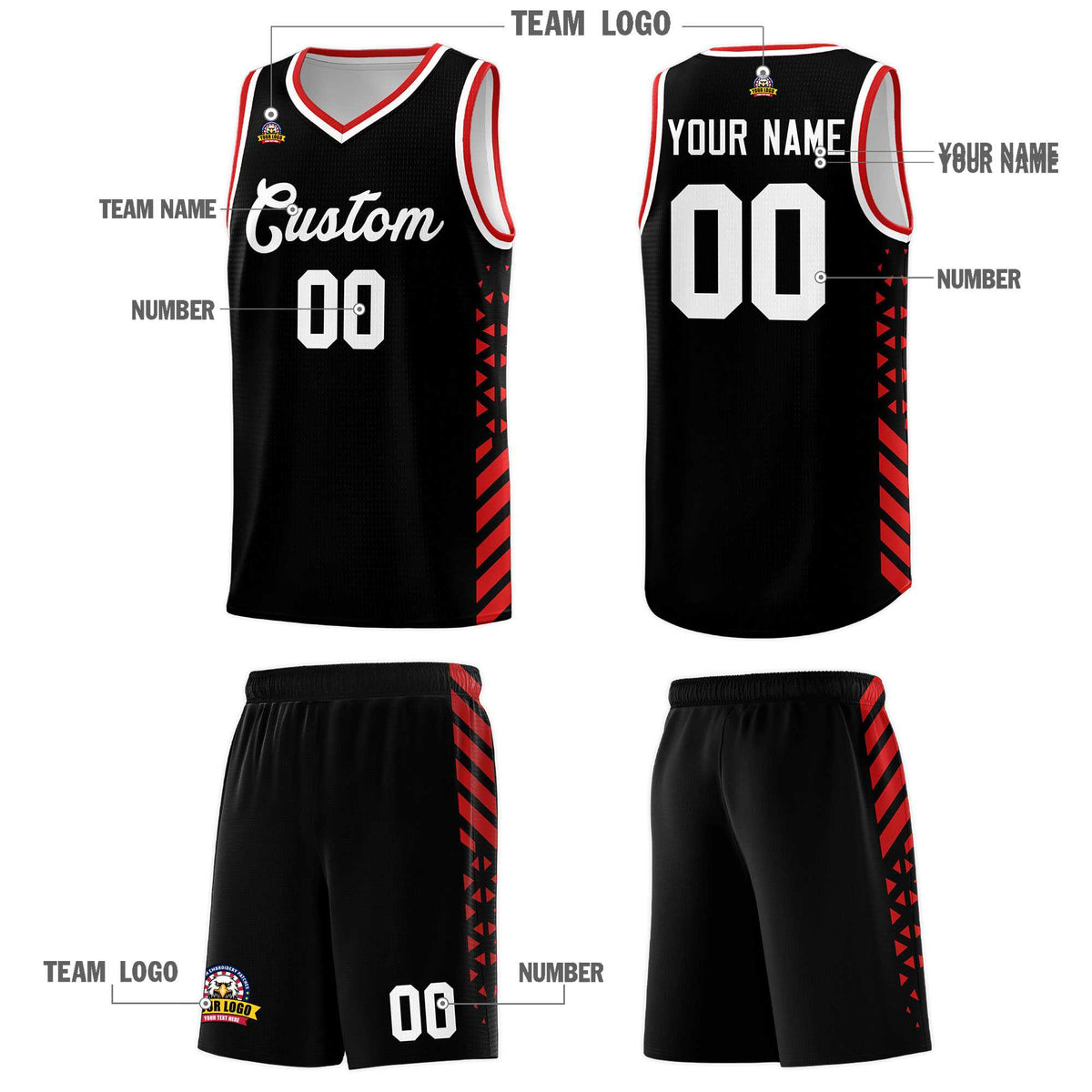 Custom Black Basketball Kits With Side Red Diamond Stripe Pattern