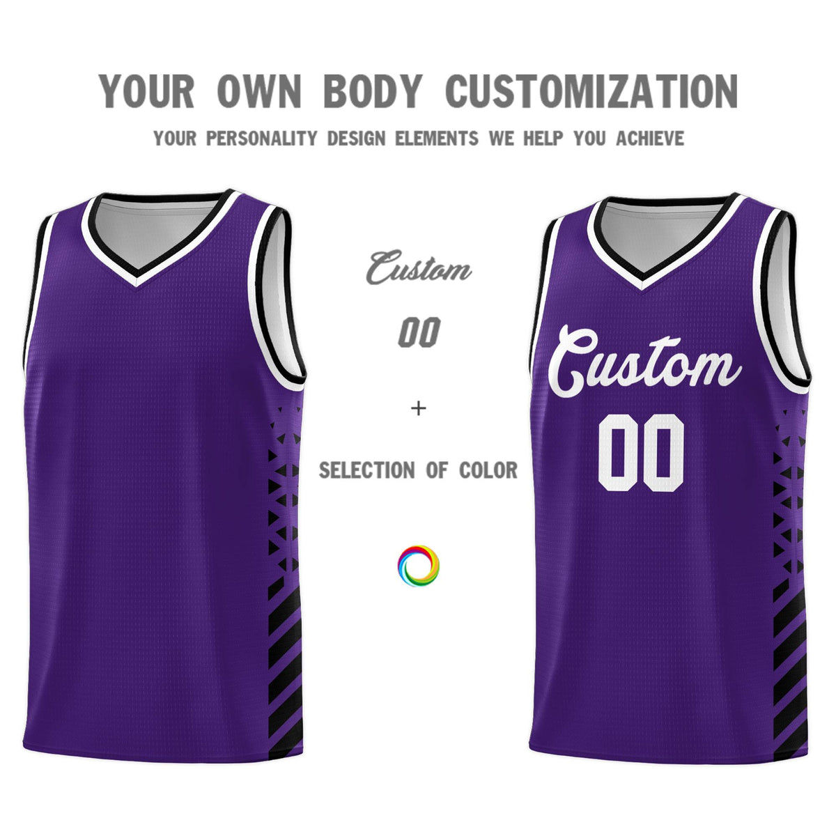 Custom Purple Basketball Kits With Side Black Diamond Stripe Pattern