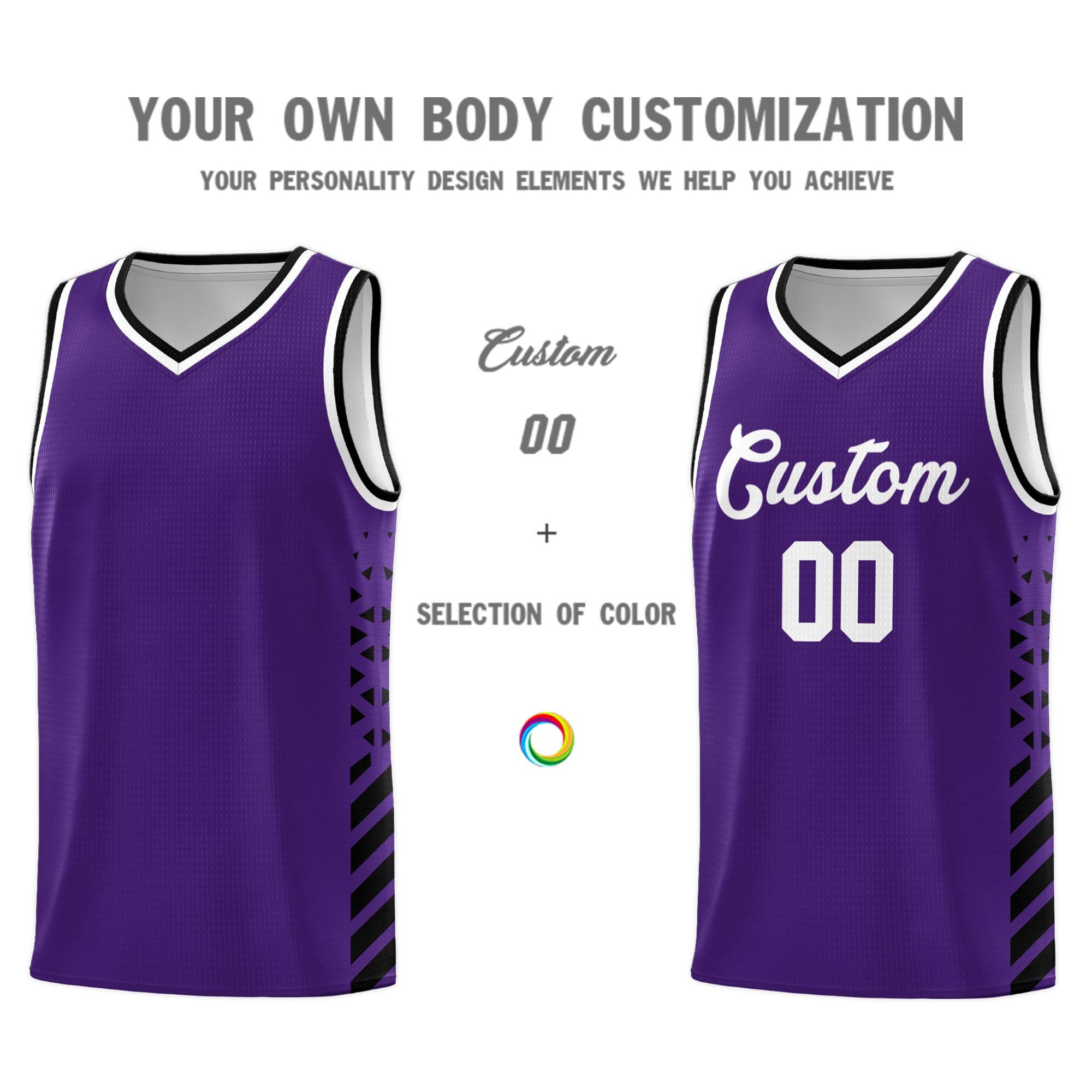 Custom Purple Basketball Kits With Side Black Diamond Stripe Pattern