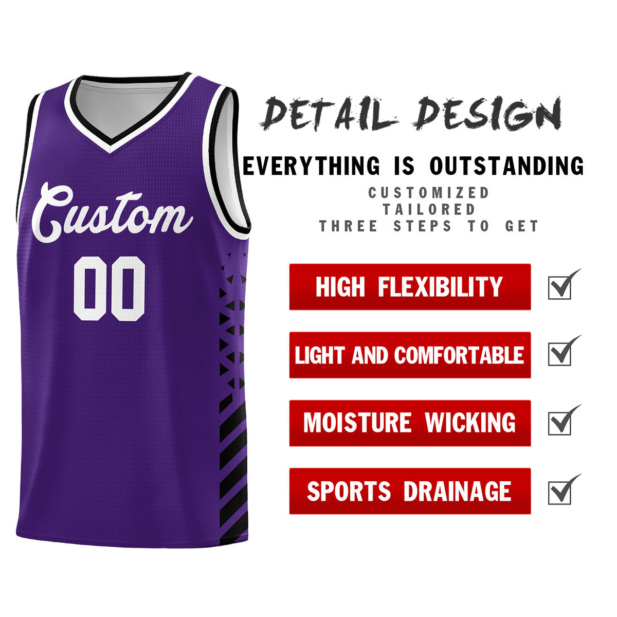 Custom Purple Basketball Kits With Side Black Diamond Stripe Pattern