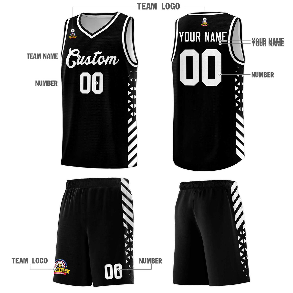 Custom Black Basketball Kits With Side White Diamond Stripe Pattern