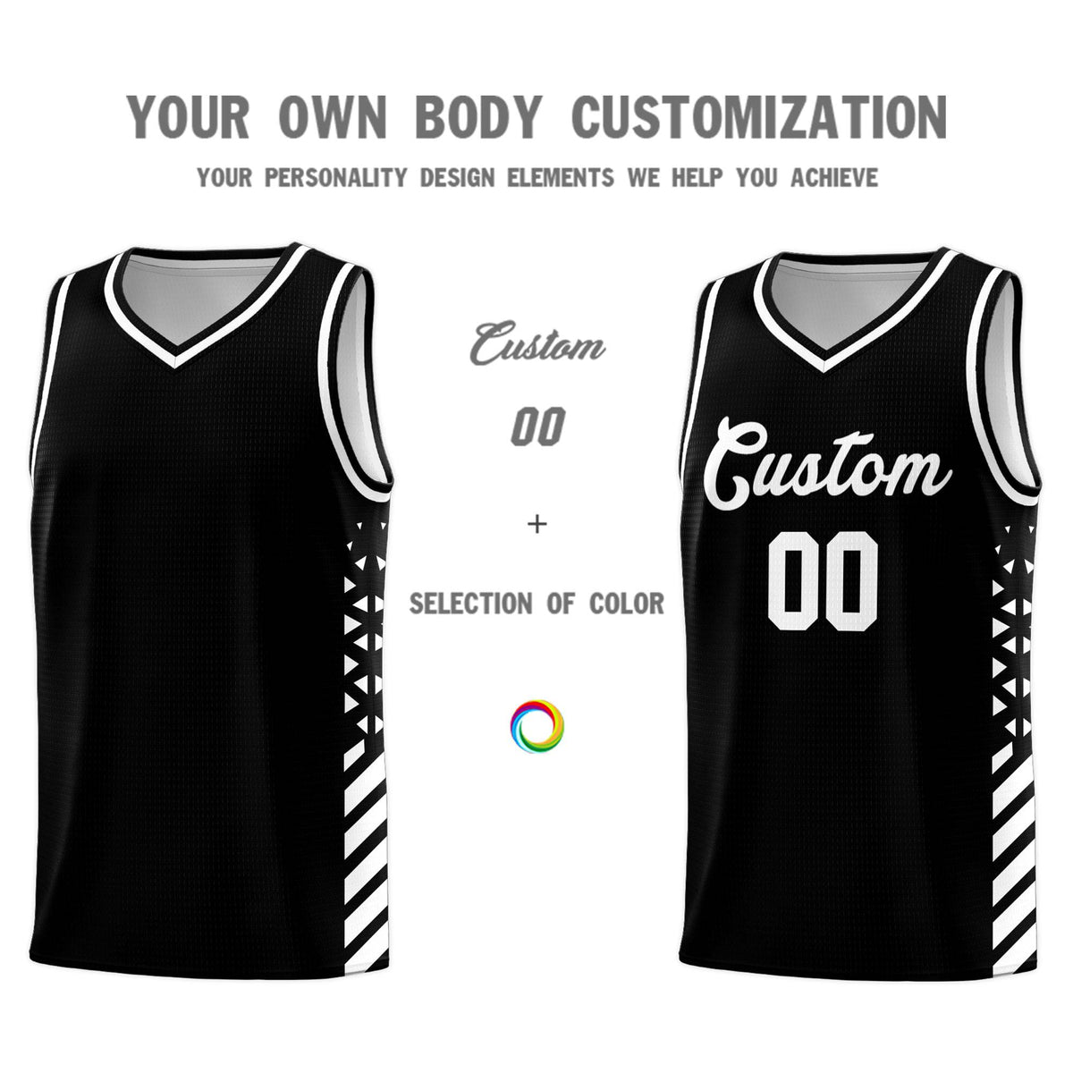Custom Black Basketball Kits With Side White Diamond Stripe Pattern