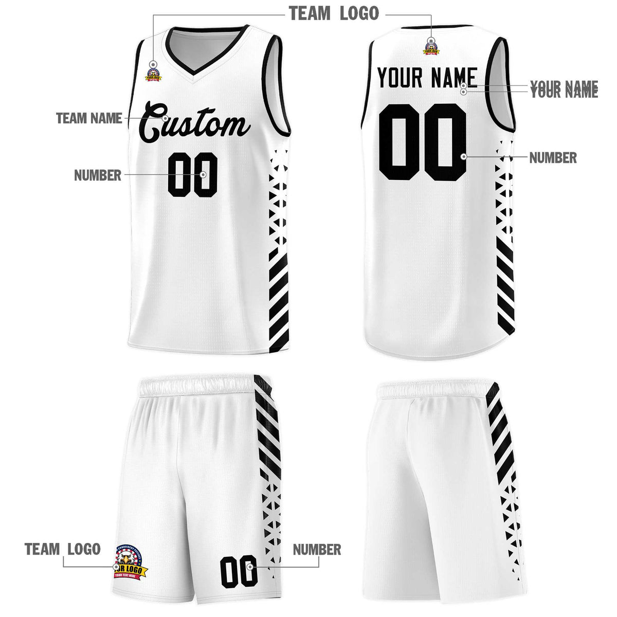 Custom White Basketball Kits With Side Black Diamond Stripe Pattern