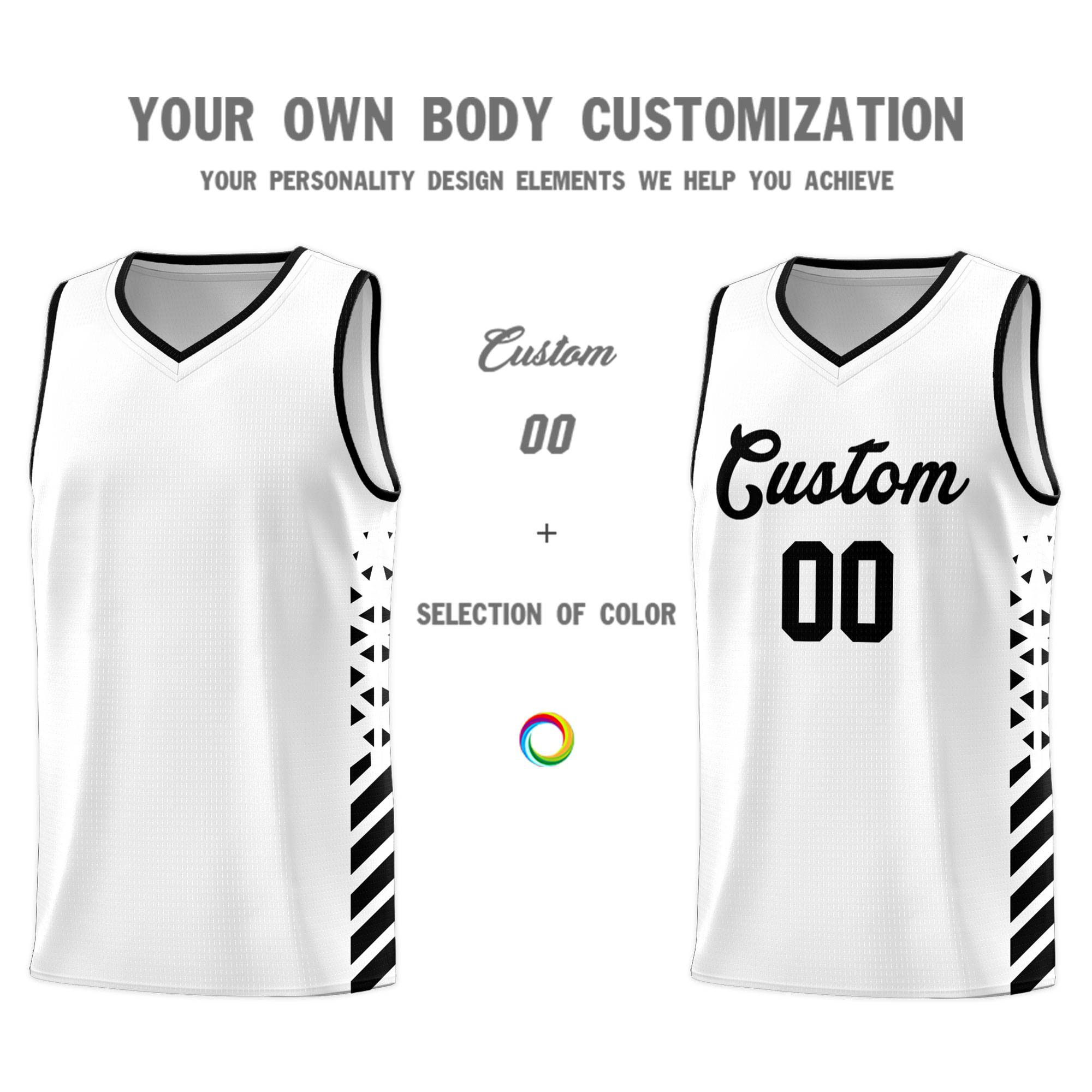 Custom White Basketball Kits With Side Black Diamond Stripe Pattern