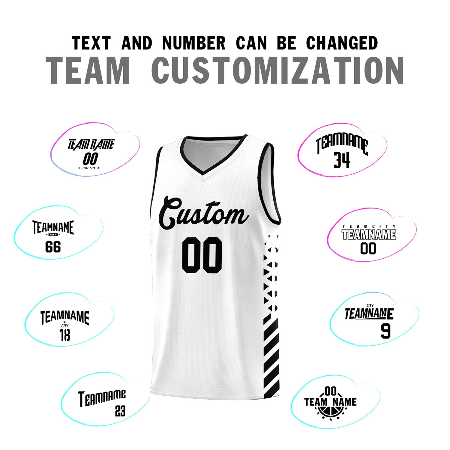 Custom White Basketball Kits With Side Black Diamond Stripe Pattern