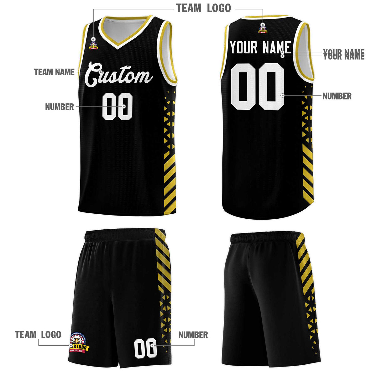 Custom Black Basketball Kits With Side Old Gold Diamond Stripe Pattern