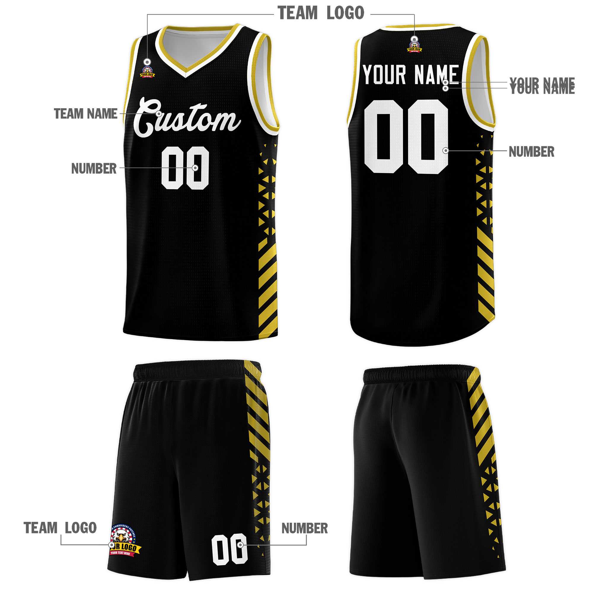 Custom Black Basketball Kits With Side Old Gold Diamond Stripe Pattern