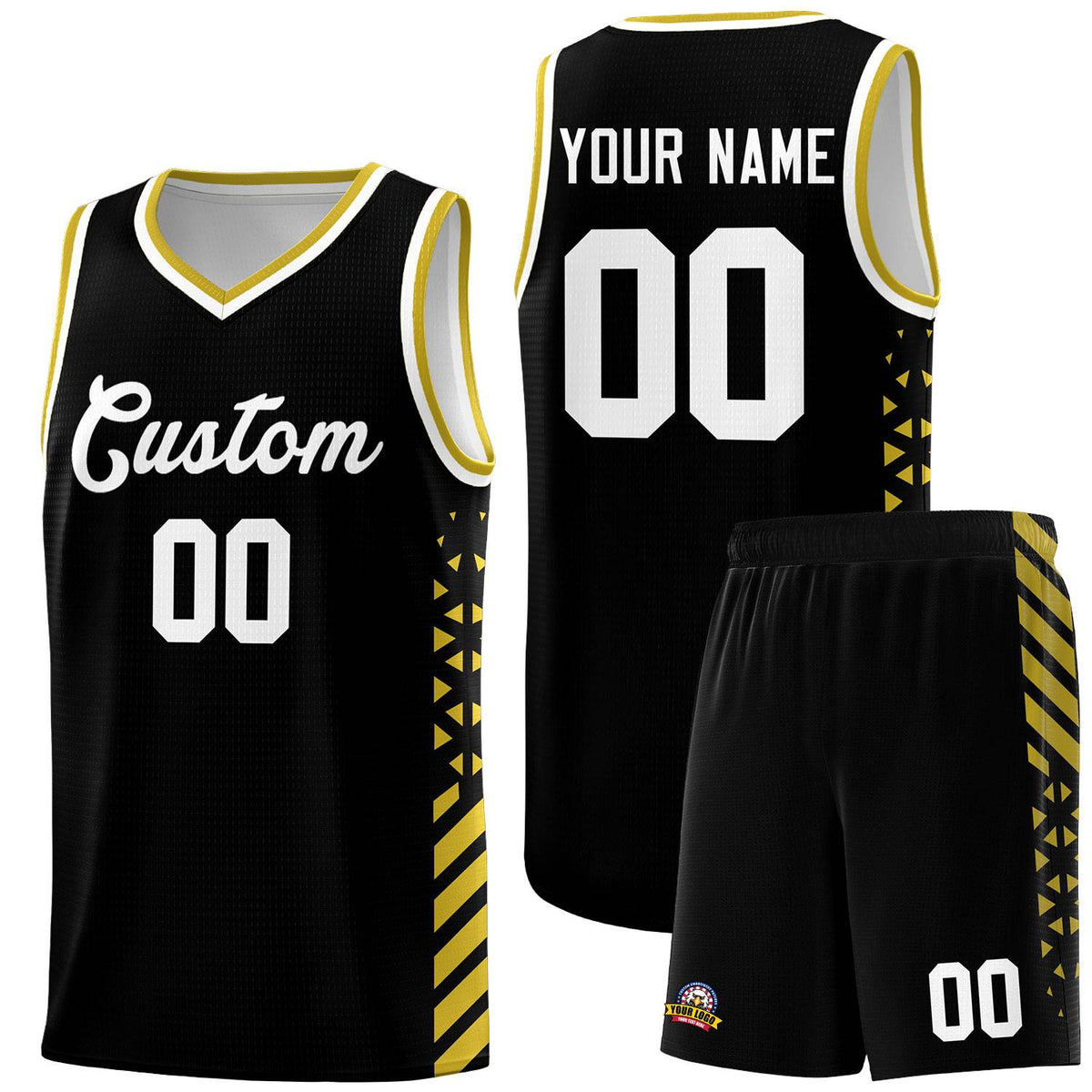 Custom Black Basketball Kits With Side Old Gold Diamond Stripe Pattern