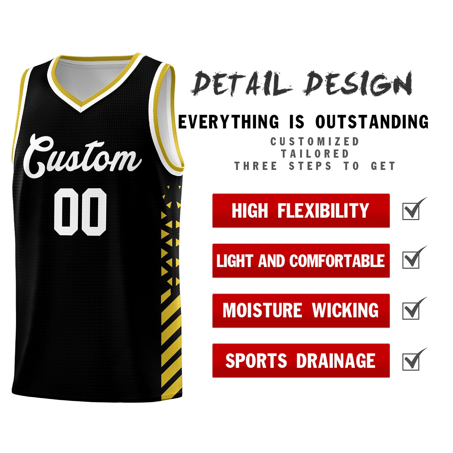 Custom Black Basketball Kits With Side Old Gold Diamond Stripe Pattern