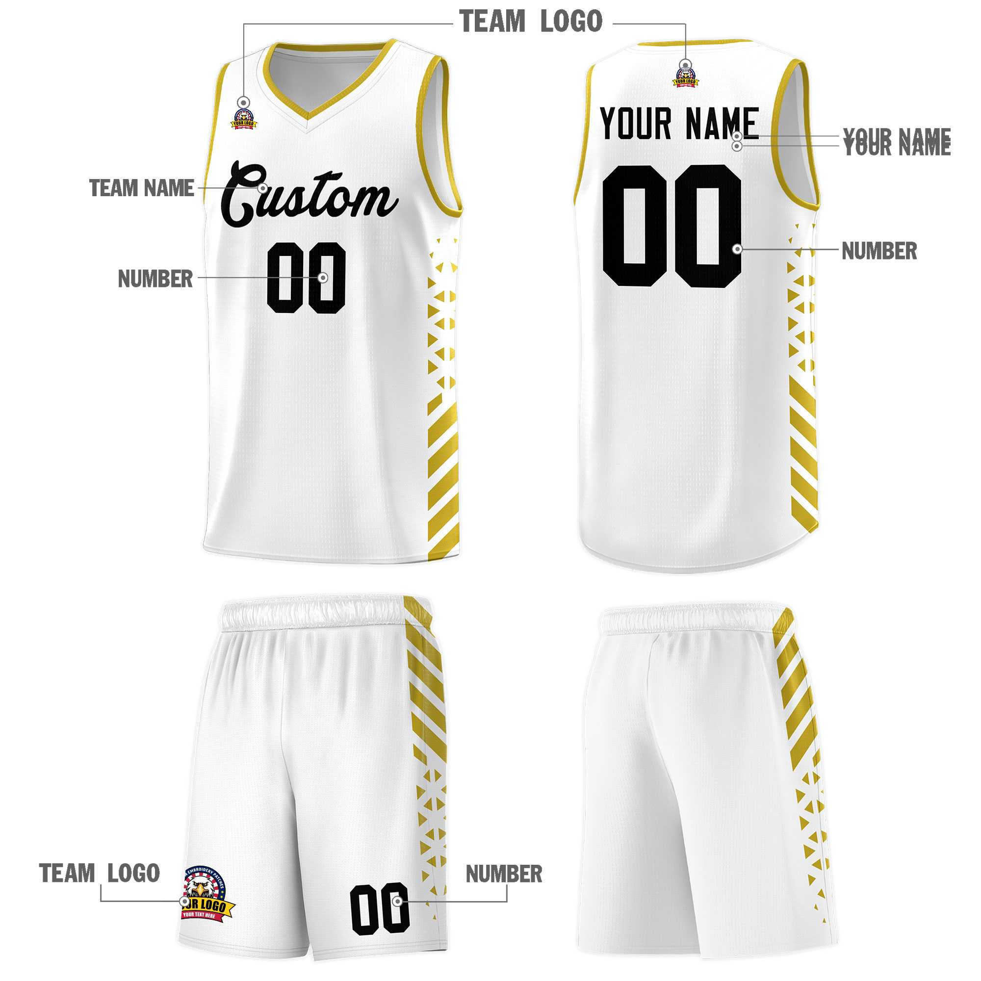 Custom White Basketball Kits With Side Old Gold Diamond Stripe Pattern