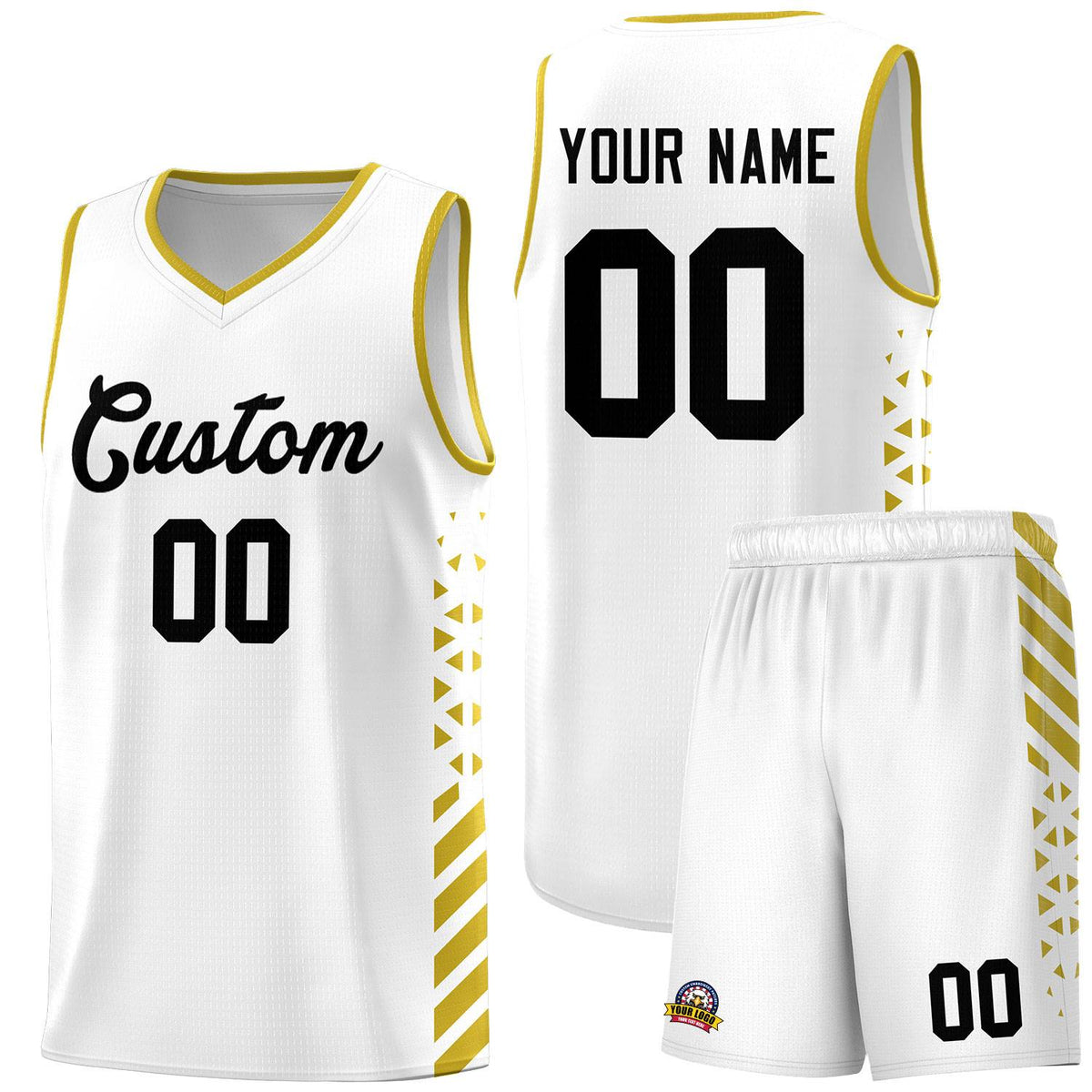 Custom White Basketball Kits With Side Old Gold Diamond Stripe Pattern