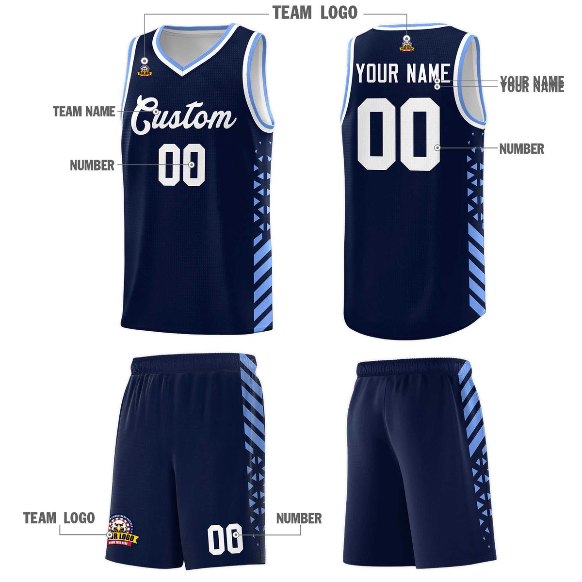 Custom Navy Basketball Kits With Side Light Blue Diamond Stripe Pattern