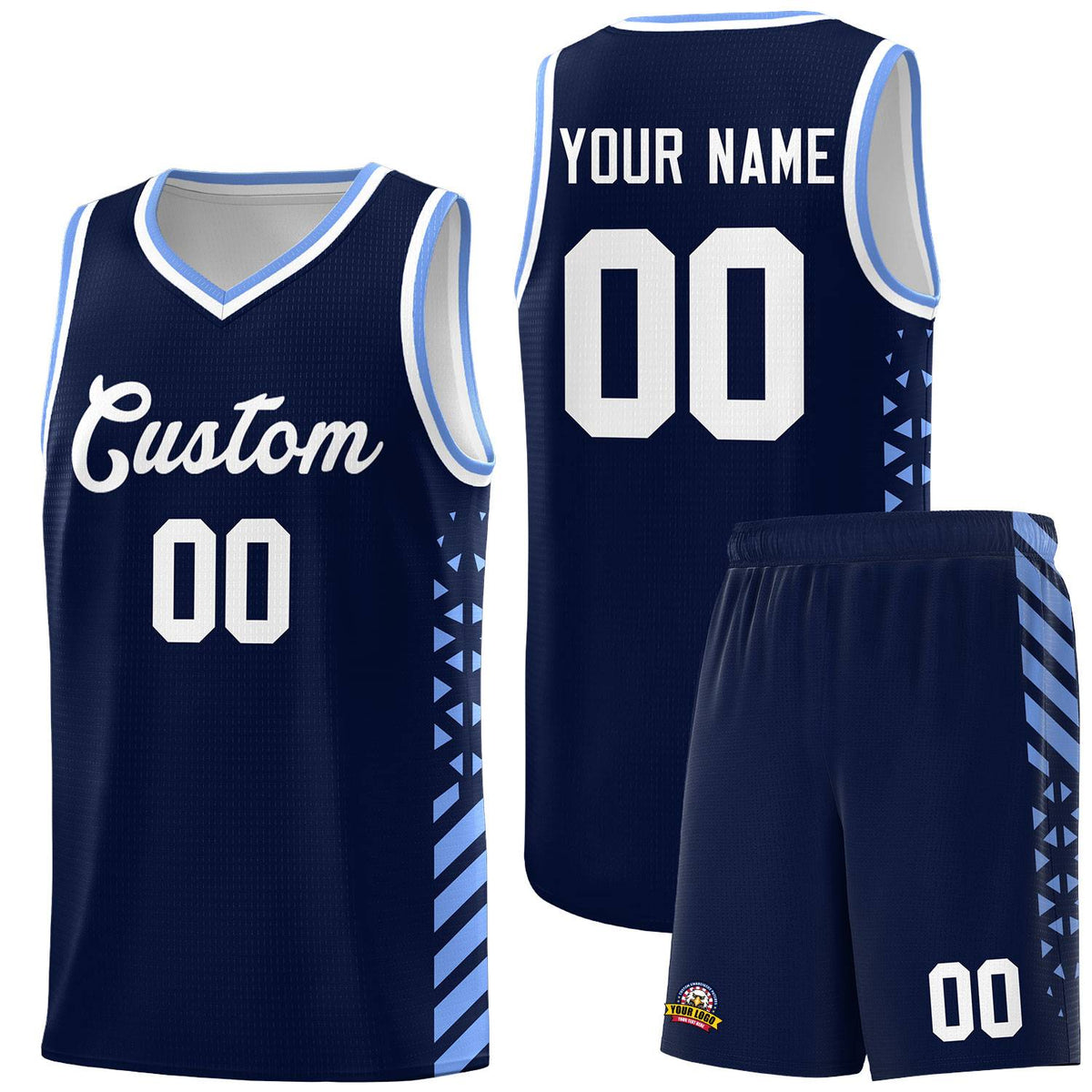 Custom Navy Basketball Kits With Side Light Blue Diamond Stripe Pattern