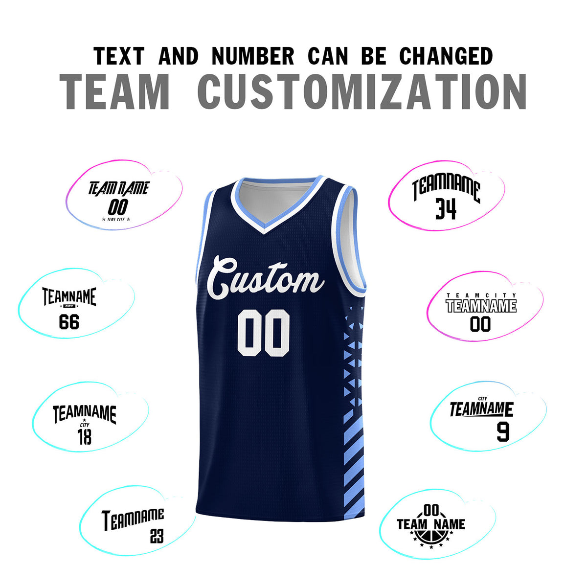 Custom Navy Basketball Kits With Side Light Blue Diamond Stripe Pattern