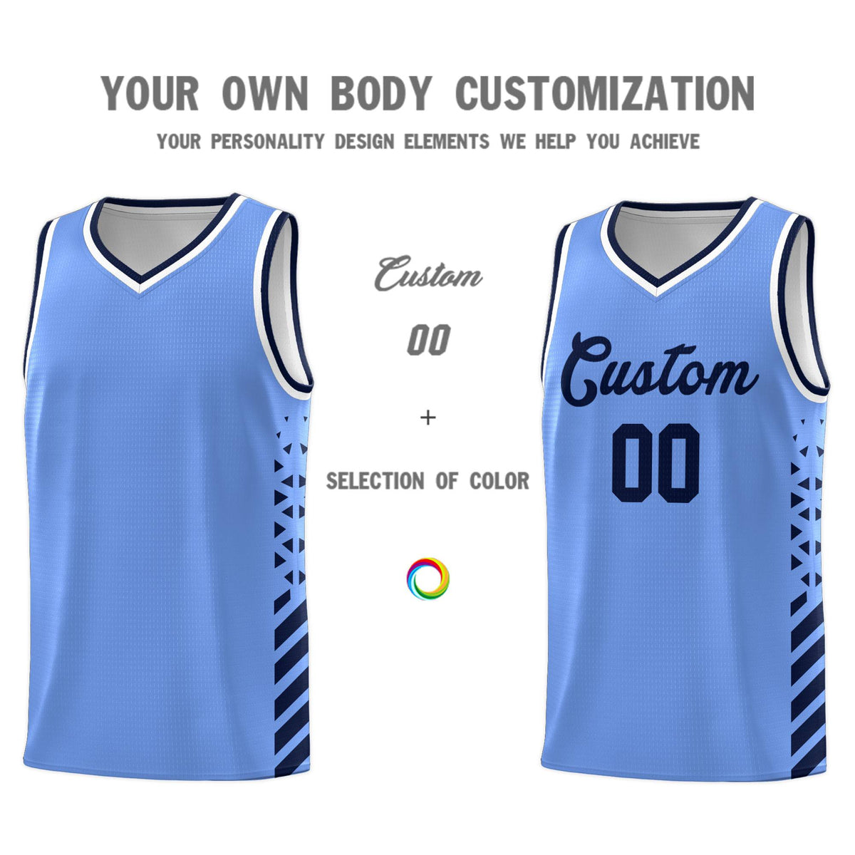 Custom Light Blue Basketball Kits With Side Navy Diamond Stripe Pattern