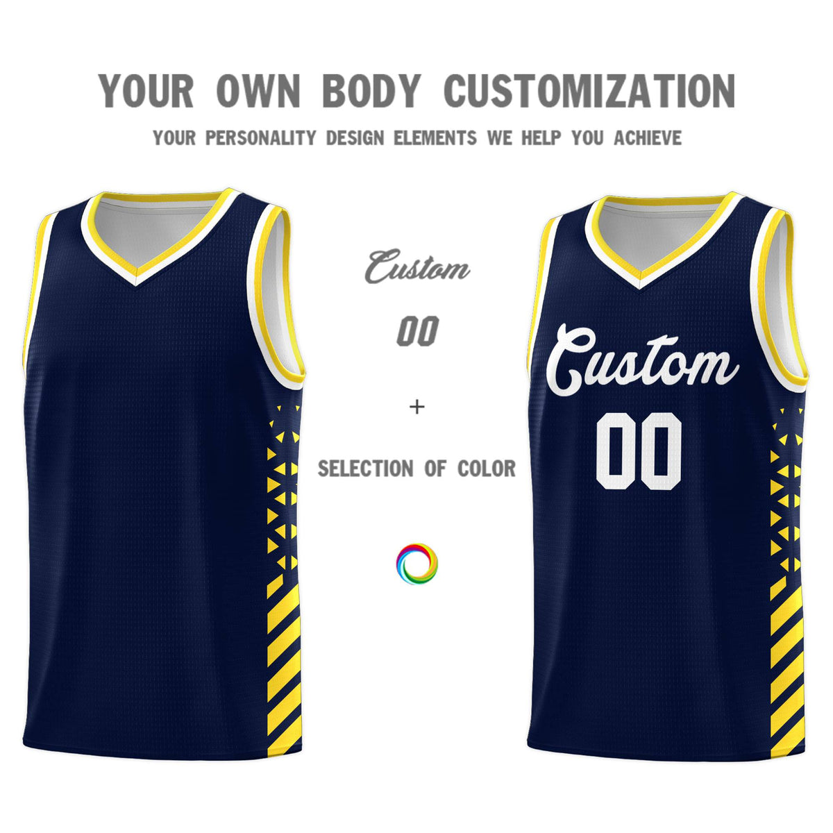 Custom Navy Basketball Kits With Side Gold Diamond Stripe Pattern