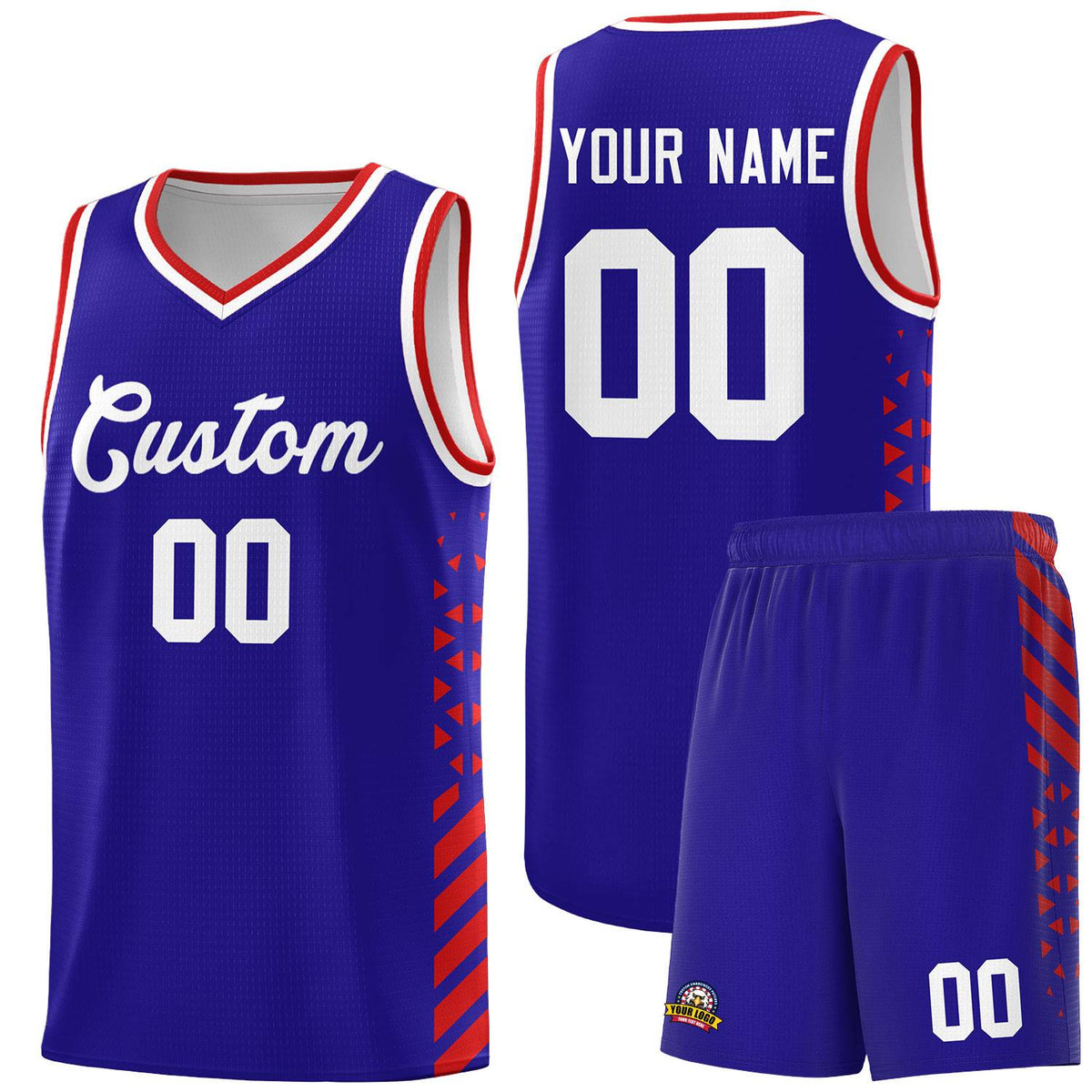 Custom Royal Basketball Kits With Side Red Diamond Stripe Pattern