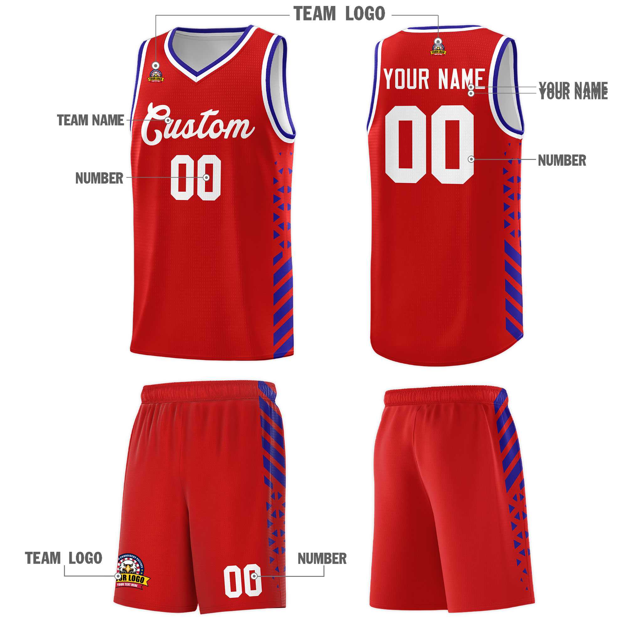 Custom Red Basketball Kits With Side Royal Diamond Stripe Pattern