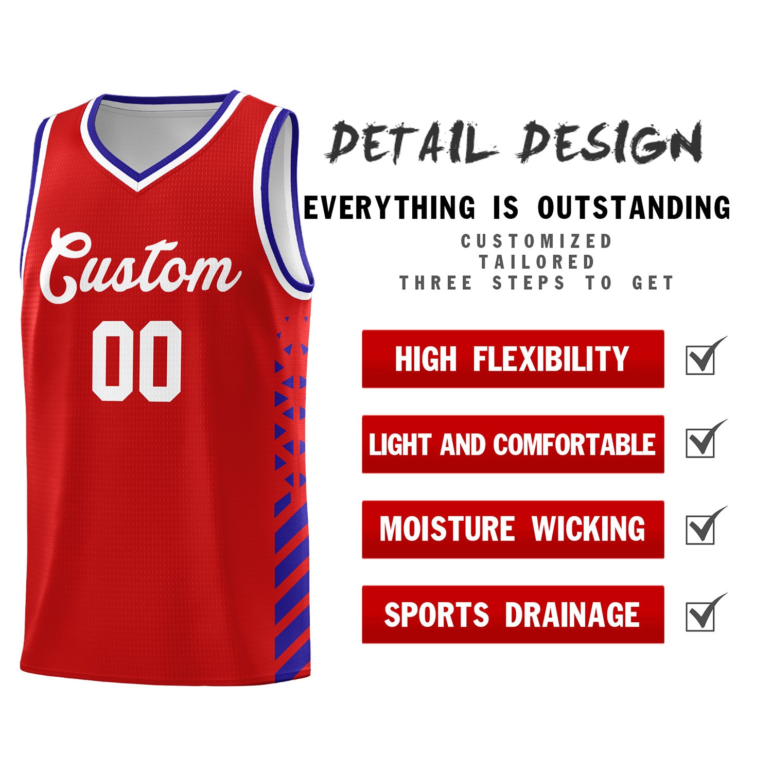 Custom Red Basketball Kits With Side Royal Diamond Stripe Pattern