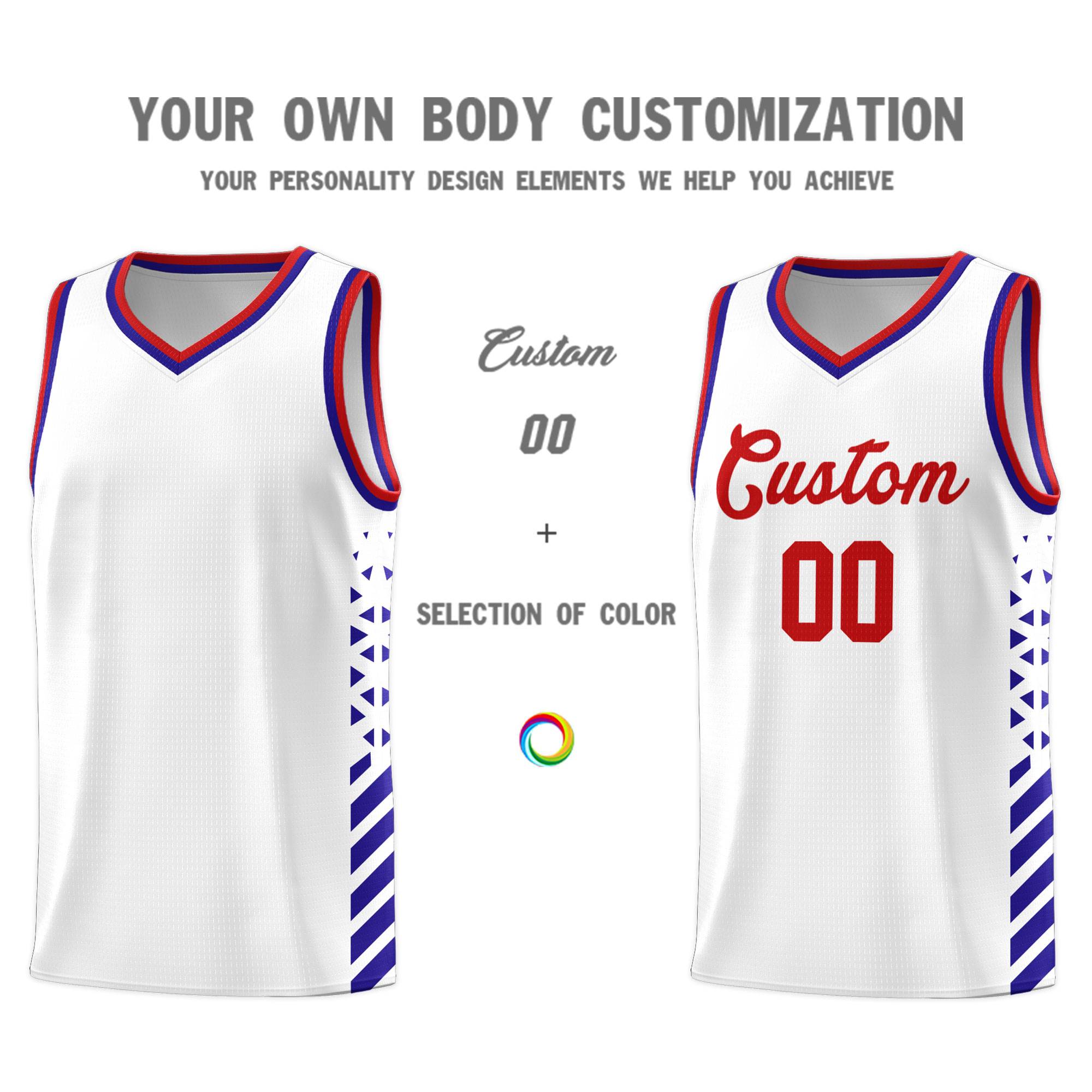 Custom White Basketball Kits With Side Royal Diamond Stripe Pattern