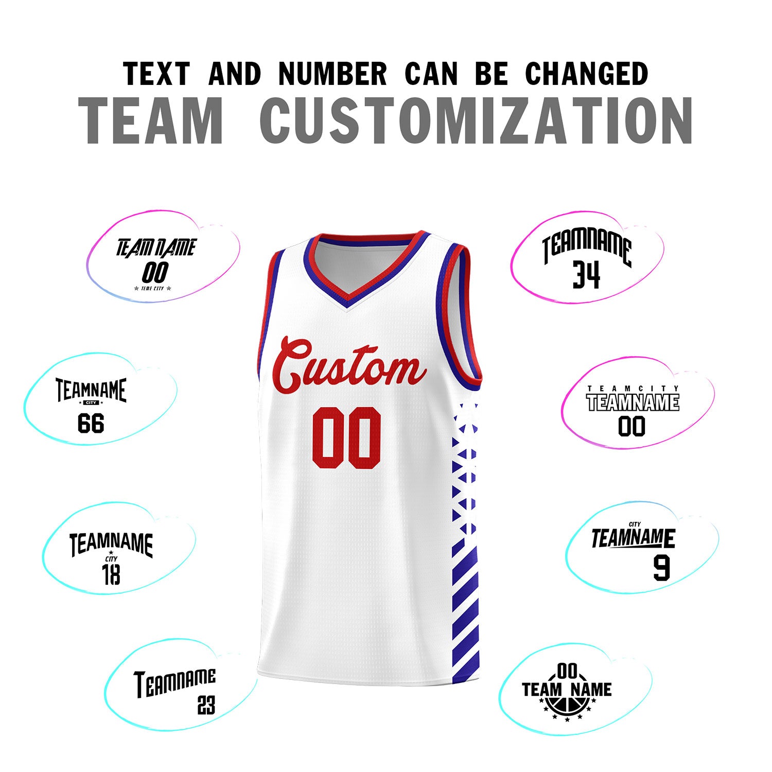 Custom White Basketball Kits With Side Royal Diamond Stripe Pattern