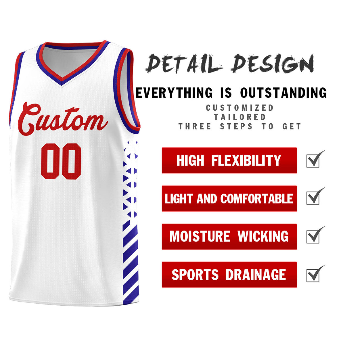 Custom White Basketball Kits With Side Royal Diamond Stripe Pattern