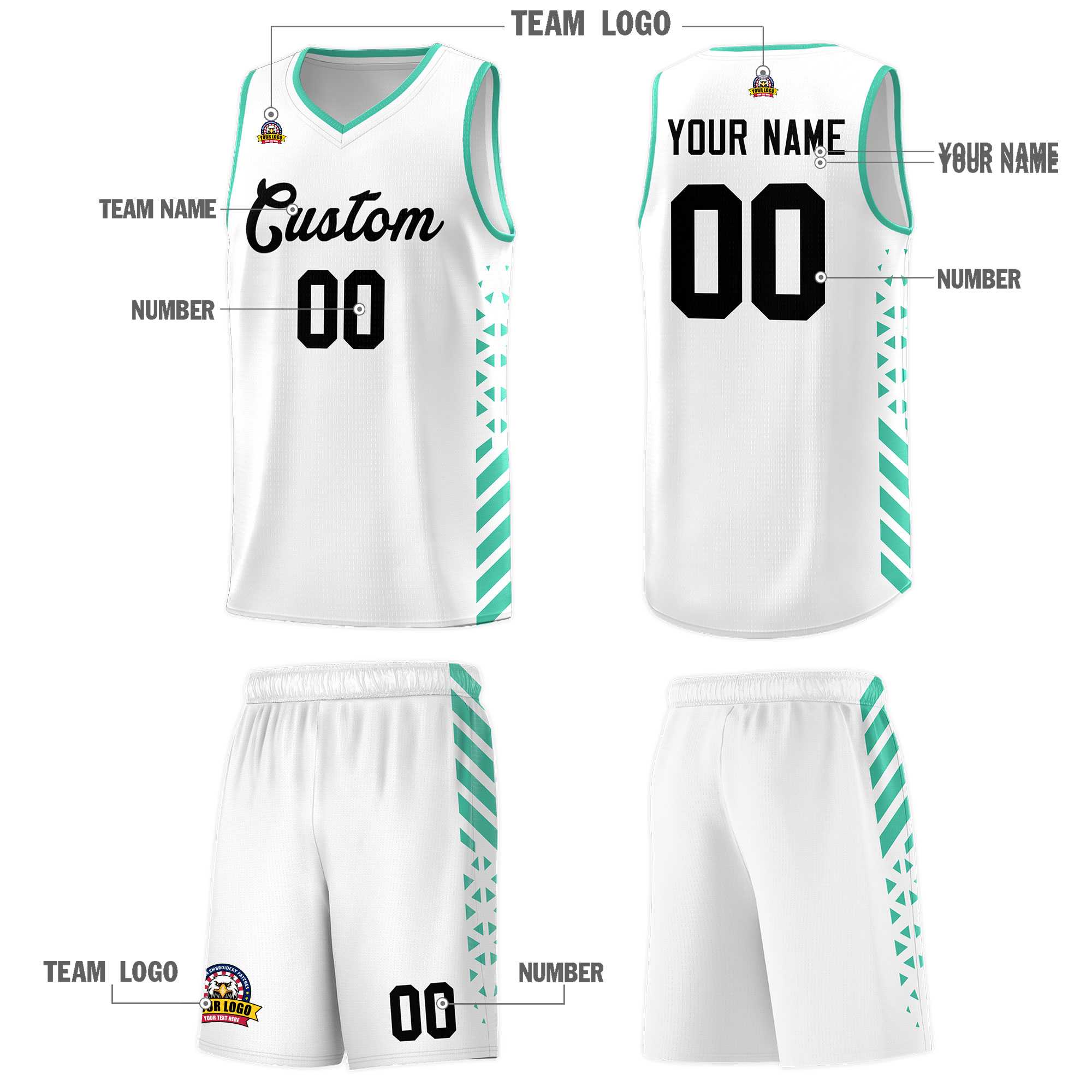 Custom White Basketball Kits With Side Bright Green Diamond Stripe Pattern