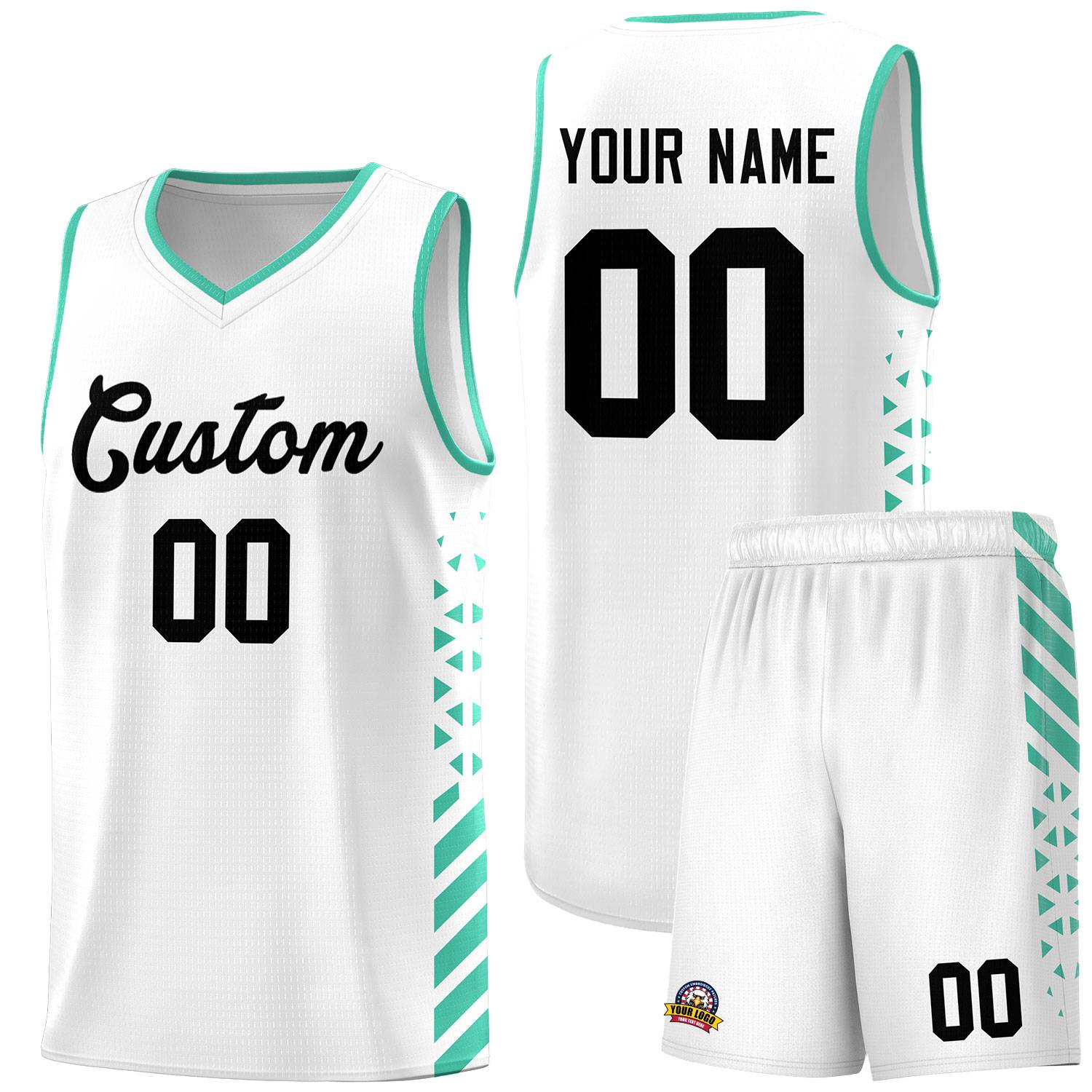 Custom White Basketball Kits With Side Bright Green Diamond Stripe Pattern