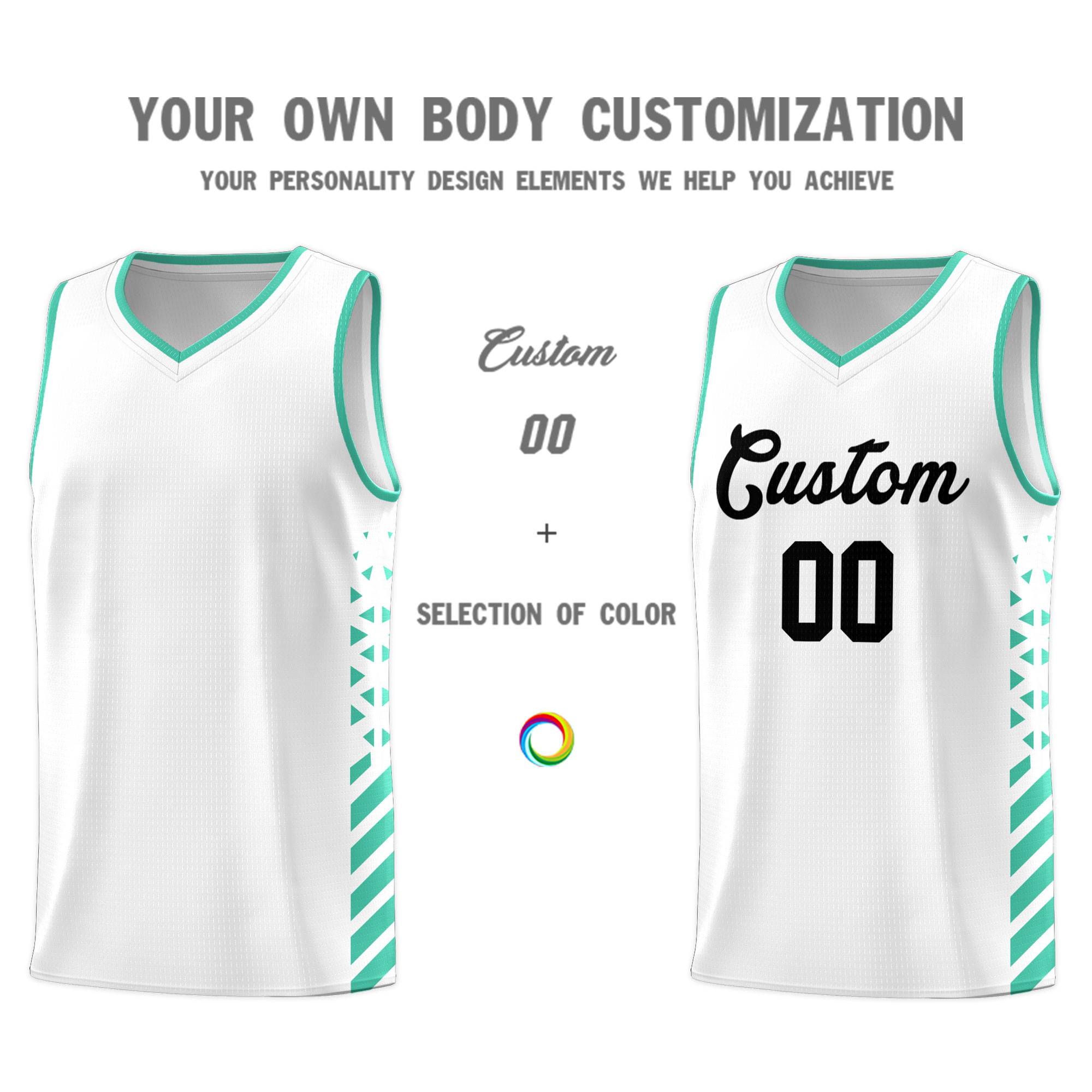 Custom White Basketball Kits With Side Bright Green Diamond Stripe Pattern