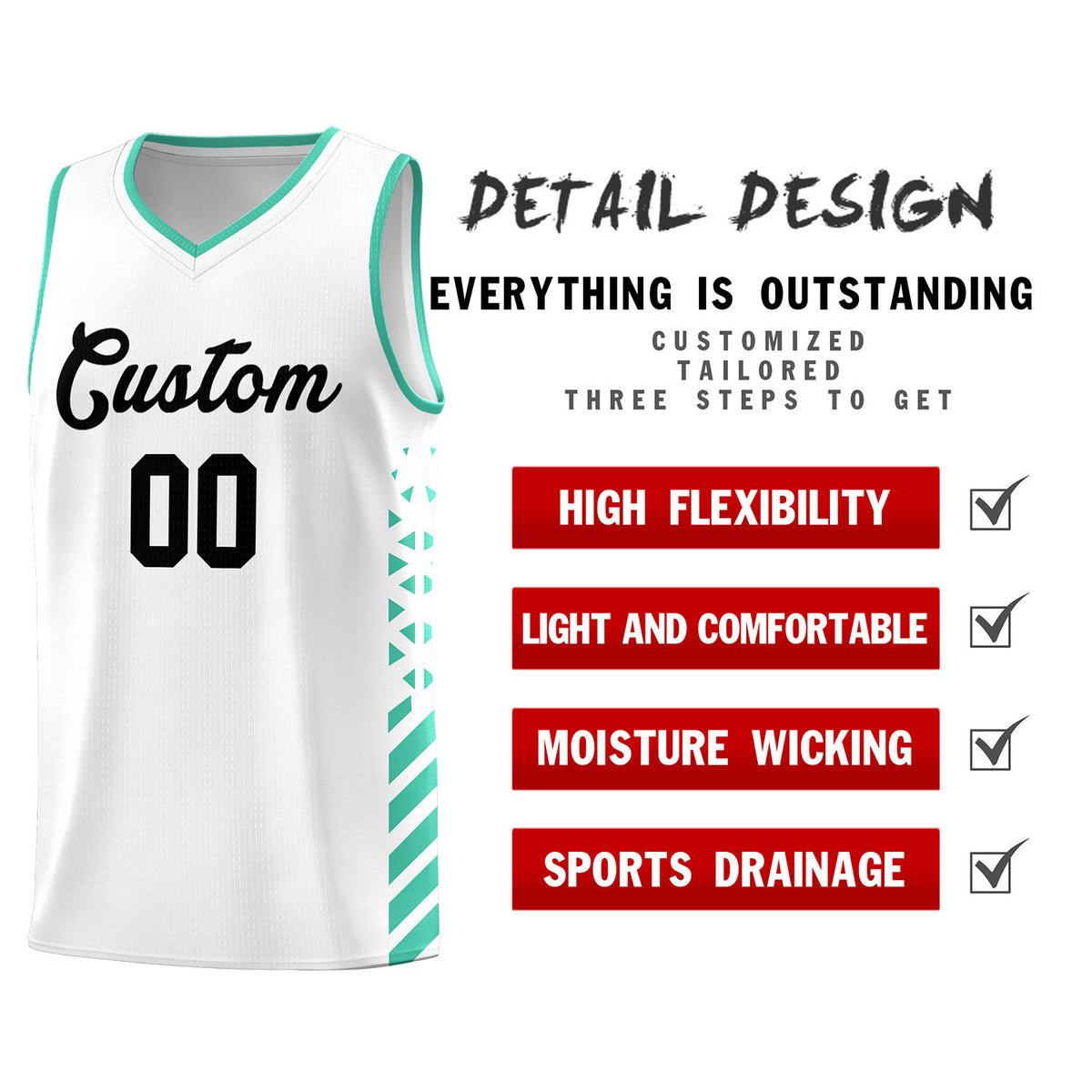 Custom White Basketball Kits With Side Bright Green Diamond Stripe Pattern