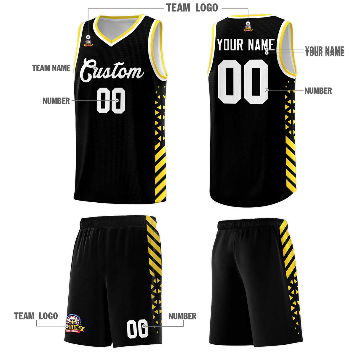 Custom Black Basketball Kits With Side Gold Diamond Stripe Pattern