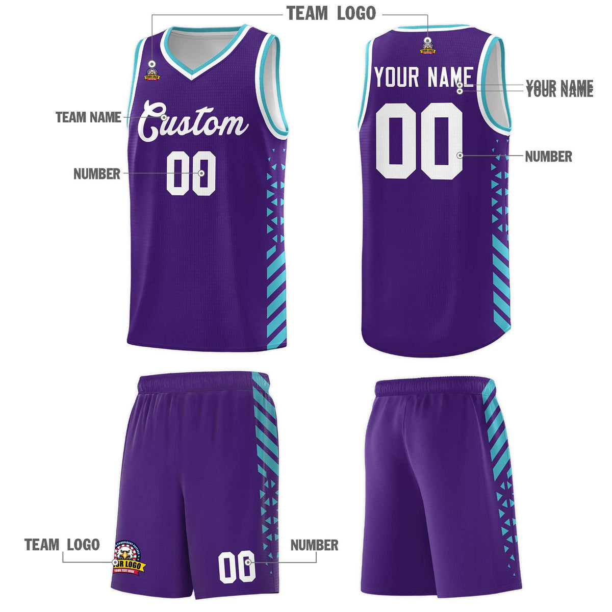Custom Purple Basketball Kits With Side Sky Blue Diamond Stripe Pattern