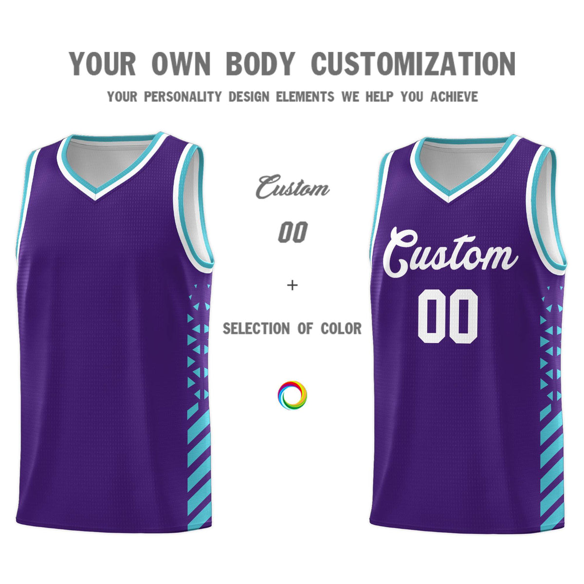 Custom Purple Basketball Kits With Side Sky Blue Diamond Stripe Pattern