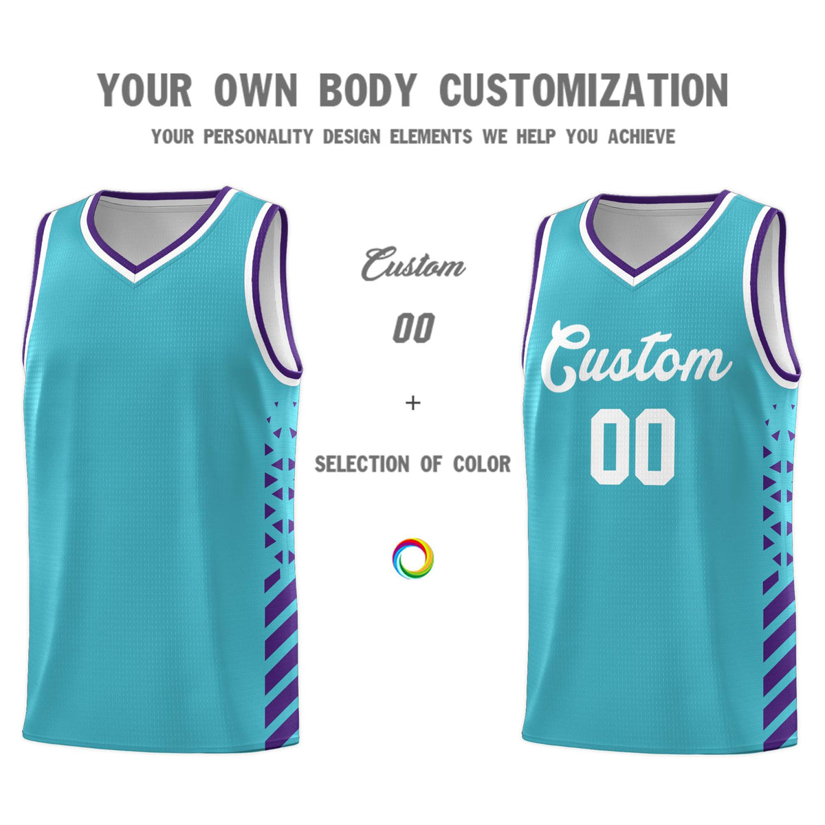 Custom Sky Blue Basketball Kits With Side Purple Diamond Stripe Pattern