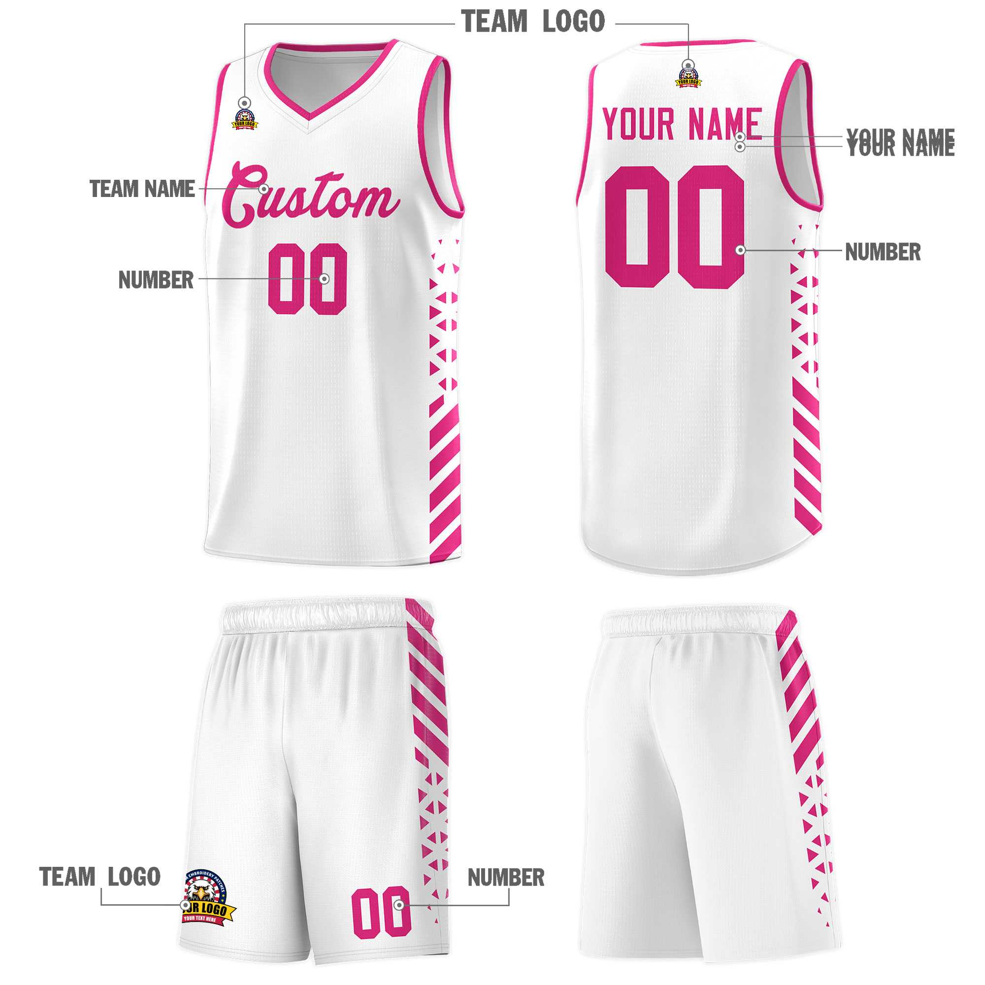 Custom White Basketball Kits With Side Rose Red Diamond Stripe Pattern