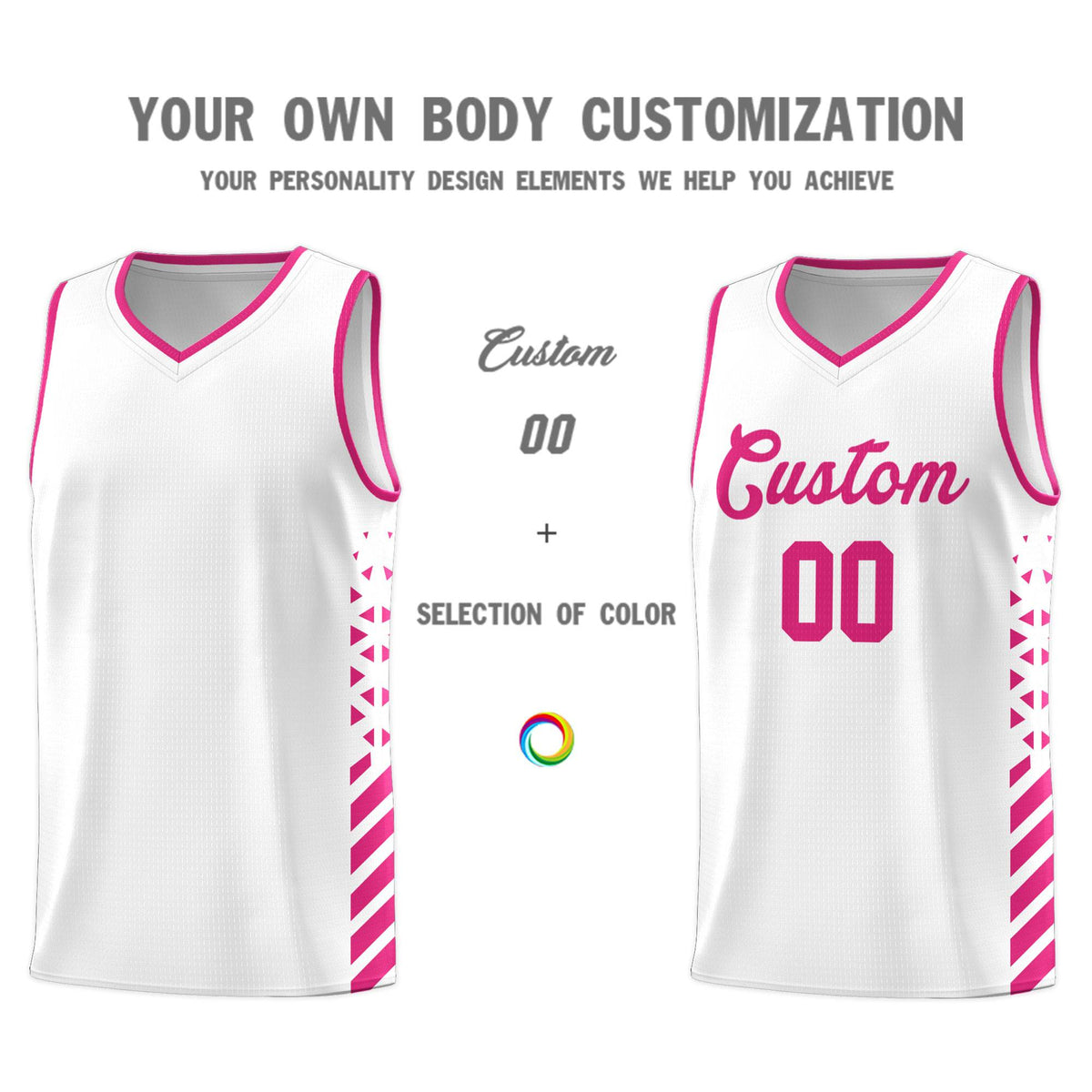 Custom White Basketball Kits With Side Rose Red Diamond Stripe Pattern